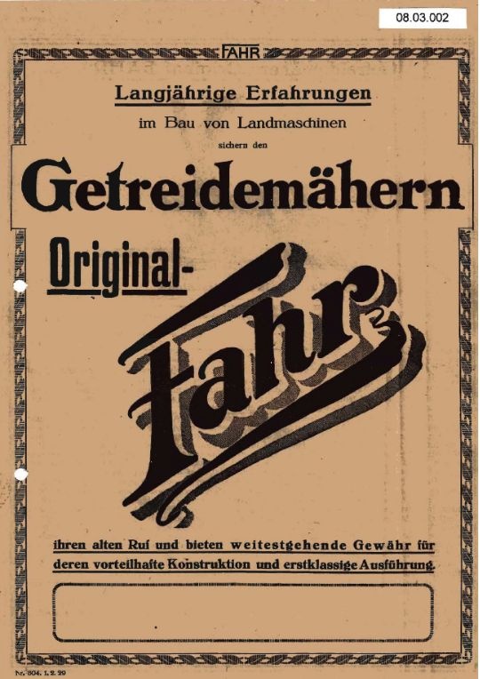 Getreidemäher&quot;Original FAHR&quot; (Ausstellung und Archiv des Vereins FAHR-Schlepper-Freunde CC BY-NC-SA)