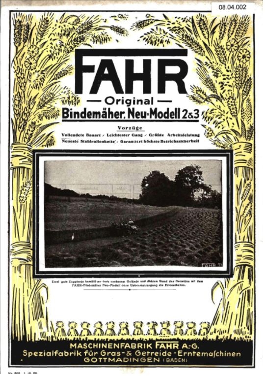 Bindemäher &quot;Original FAHR&quot; (Ausstellung und Archiv des Vereins FAHR-Schlepper-Freunde CC BY-NC-SA)