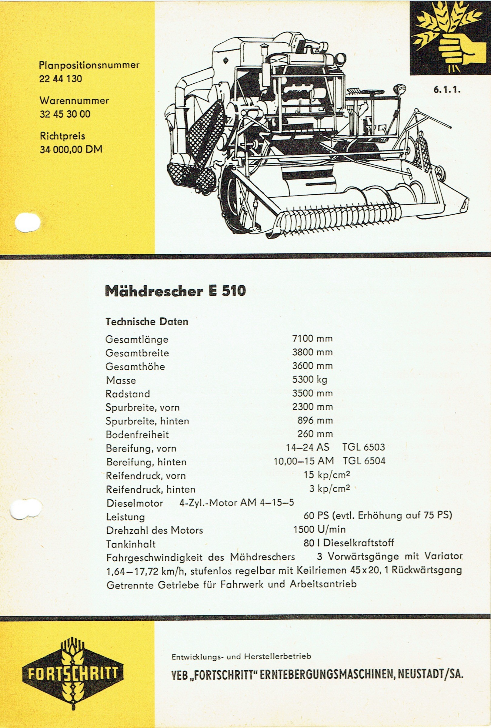 VEB Fortschritt Erntebergungsmaschinen E510 (Mähdrescherarchiv Kühnstetter CC BY-NC-SA)