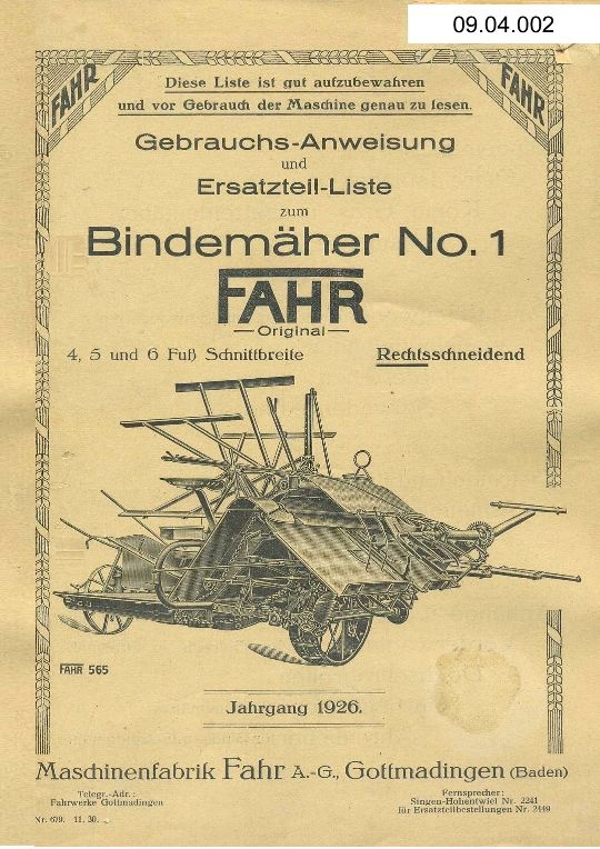 Bindemäher No.1 &quot;FAHR Original&quot; (Ausstellung und Archiv des Vereins FAHR-Schlepper-Freunde CC BY-NC-SA)