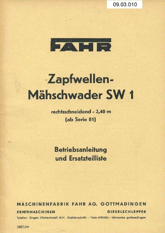 Zapfwellen-Schwadmäher SW 1 (Ausstellung und Archiv des Vereins FAHR-Schlepper-Freunde CC BY-NC-SA)
