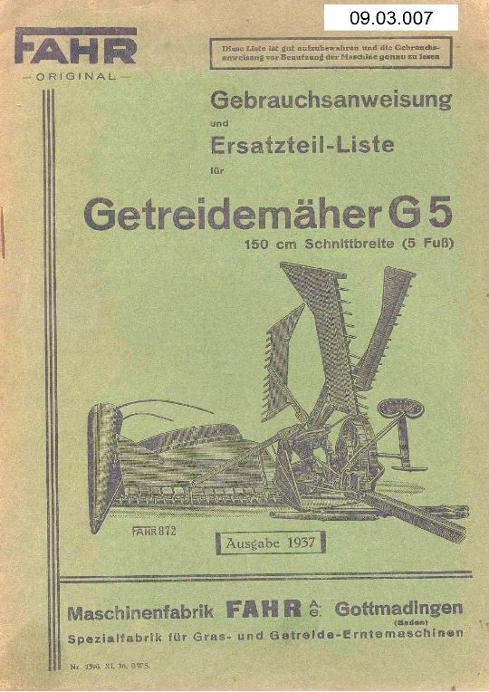 Getreidemäher G 5 (Ausstellung und Archiv des Vereins FAHR-Schlepper-Freunde CC BY-NC-SA)