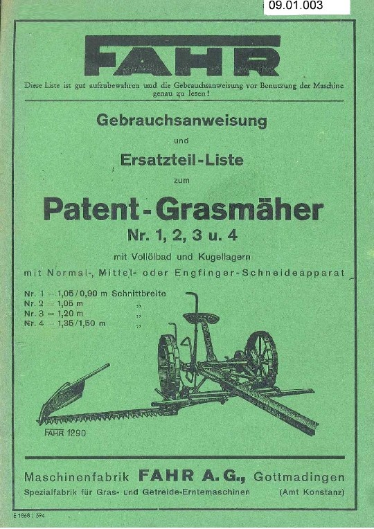 Patent-Grasmäher  (Ausstellung und Archiv des Vereins FAHR-Schlepper-Freunde CC BY-NC-SA)