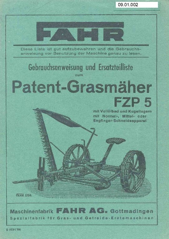 Patent-Grasmäher FZP (Ausstellung und Archiv des Vereins FAHR-Schlepper-Freunde CC BY-NC-SA)