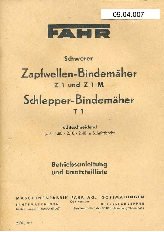 Zapfw-Bindemäher Z 1  (Ausstellung und Archiv des Vereins FAHR-Schlepper-Freunde CC BY-NC-SA)