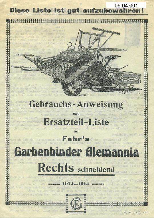 Fahr&rsquo;s Garbenbinder &quot;Alemannia&quot; (Ausstellung und Archiv des Vereins FAHR-Schlepper-Freunde CC BY-NC-SA)