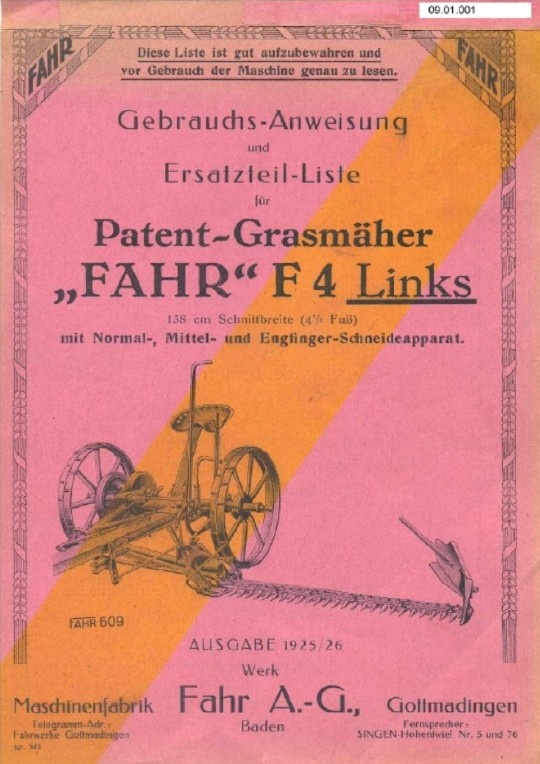 Grasmäher &quot;FAHR&quot; F 4 (Ausstellung und Archiv des Vereins FAHR-Schlepper-Freunde CC BY-NC-SA)