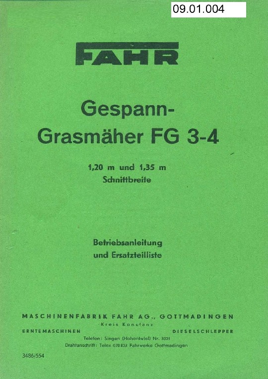 Gespann-Grasmäher FG 3-4 (Ausstellung und Archiv des Vereins FAHR-Schlepper-Freunde CC BY-NC-SA)