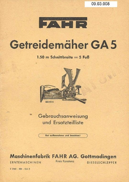 Getreidemäher GA 5 (Ausstellung und Archiv des Vereins FAHR-Schlepper-Freunde CC BY-NC-SA)