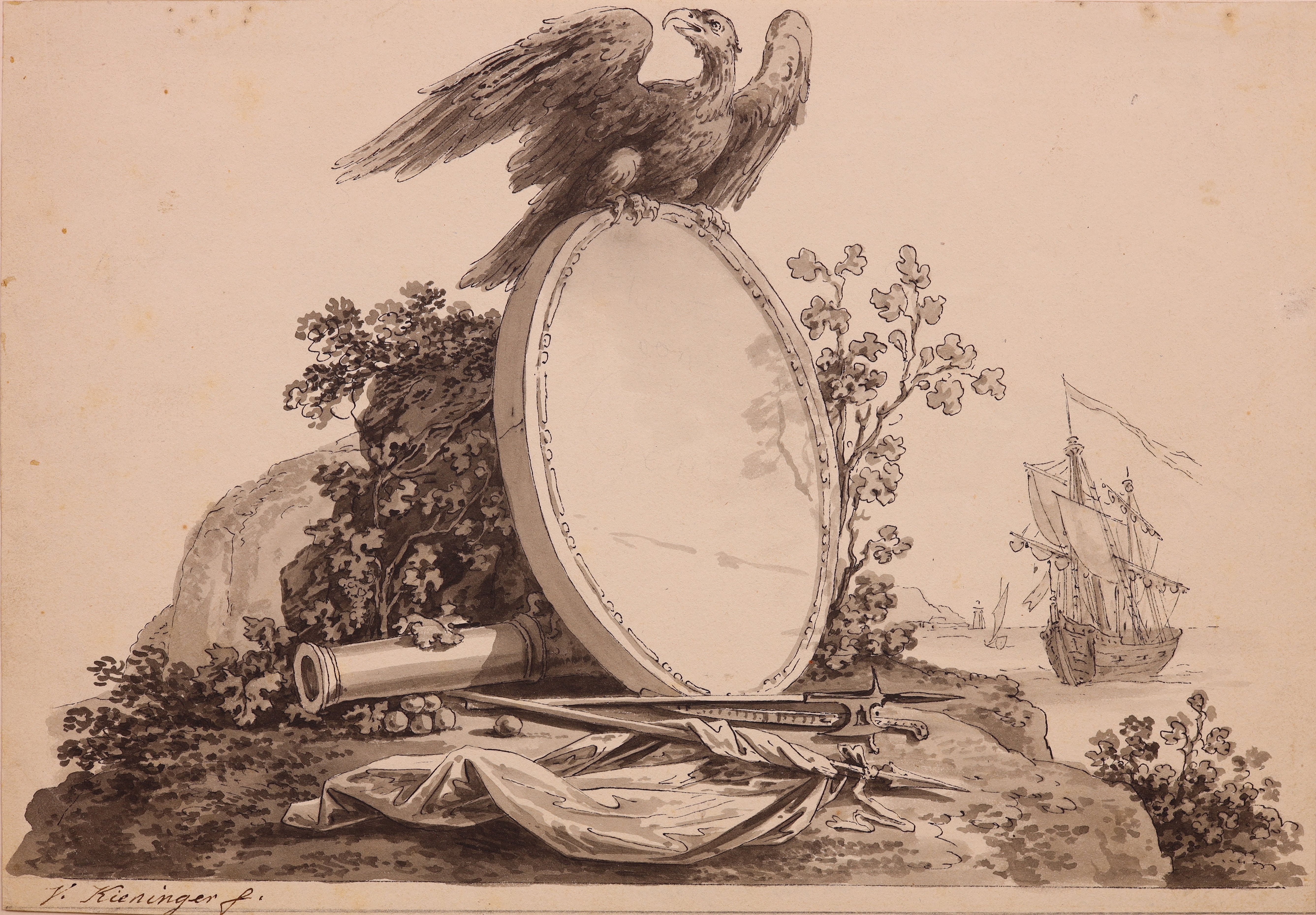 Entwurf für eine Titelkartusche mit Adler und Trophäen (Stift Heiligenkreuz CC BY-NC-SA)
