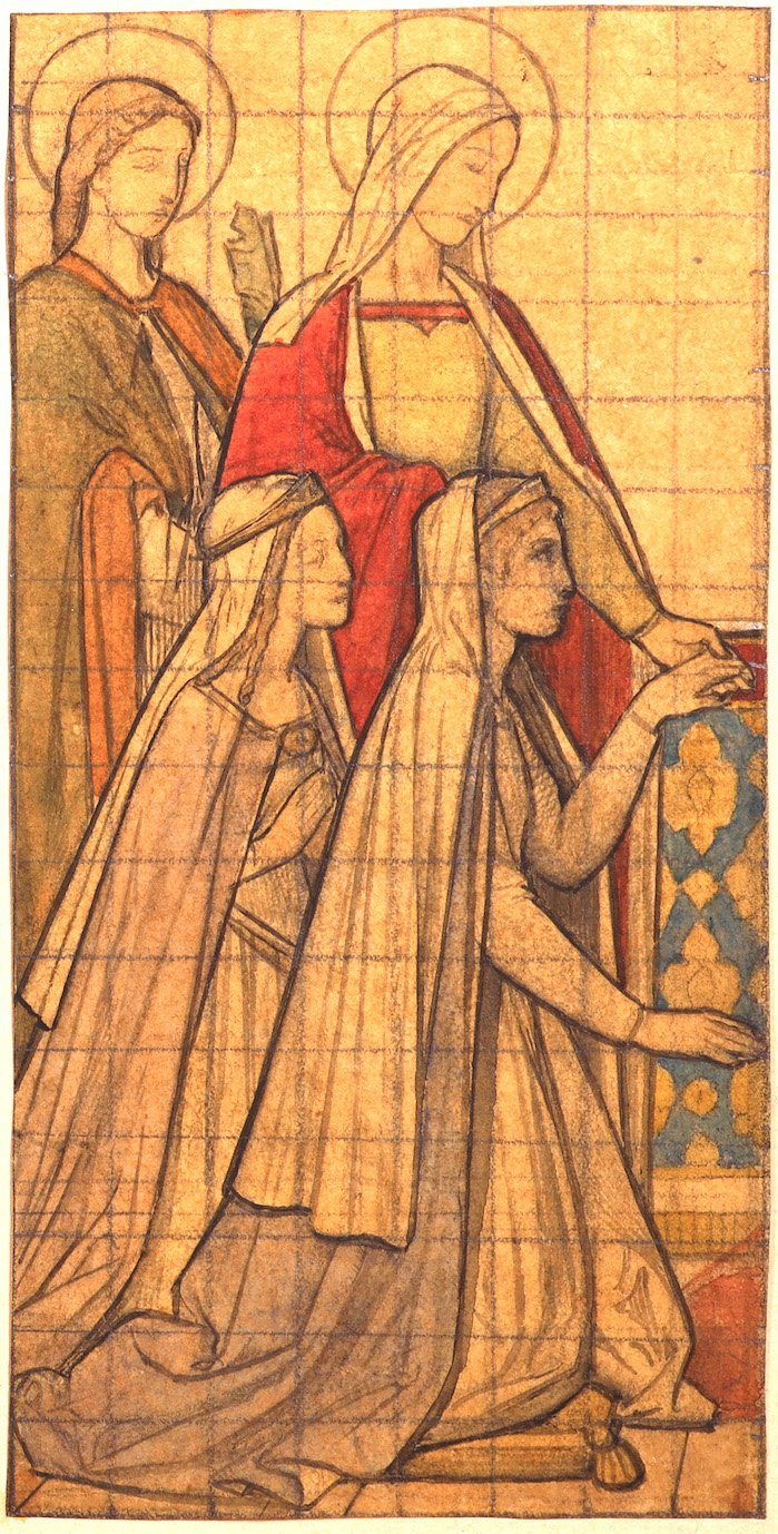 Zwei kniende junge Frauen und ihre beiden Schutzheiligen (Stift Heiligenkreuz CC BY-NC-SA)