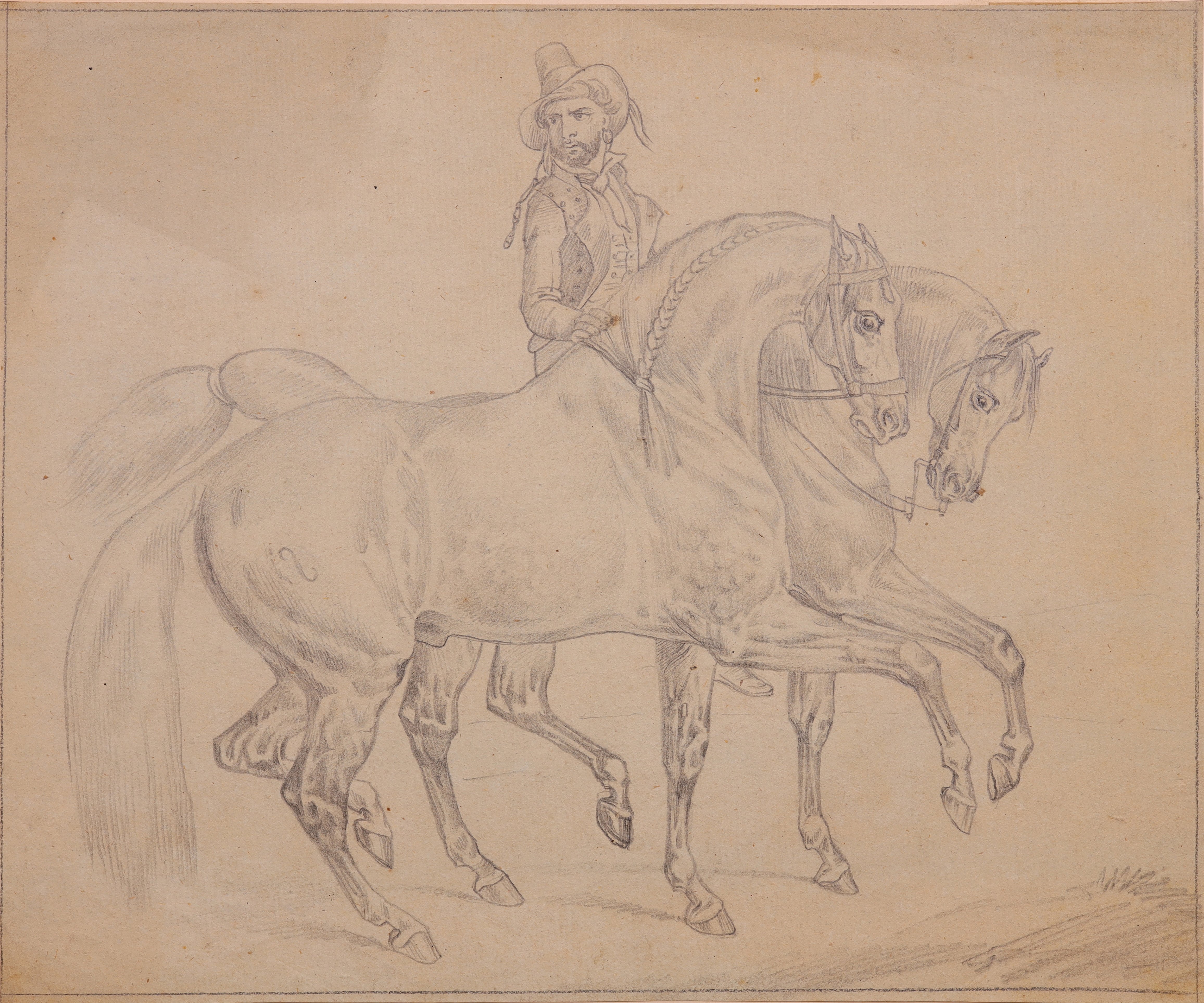 Zwei nach rechts schreitende Pferde, auf dem hinteren ein Reiter (Stift Heiligenkreuz CC BY-NC-SA)