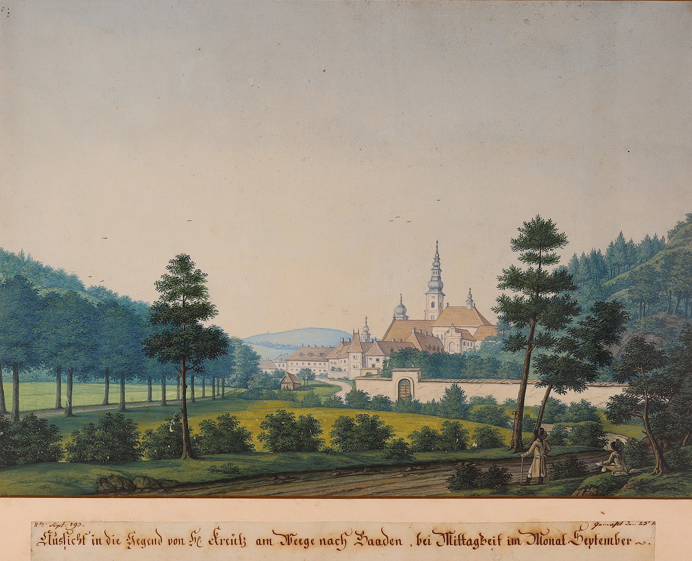 Landschaft mit Südansicht von Stift Heiligenkreuz, mit Zeichner im Vordergrund (Stift Heiligenkreuz CC BY-NC-SA)