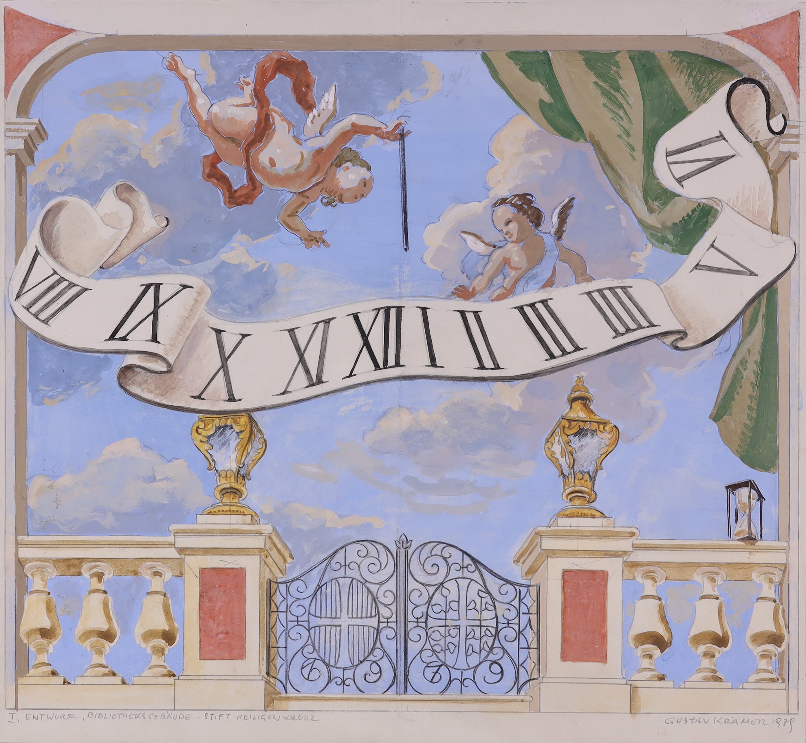 Entwurf eines Wandbildes mit Sonnenuhr und zwei Putti über einer Balustrade (Stift Heiligenkreuz CC BY-NC-SA)