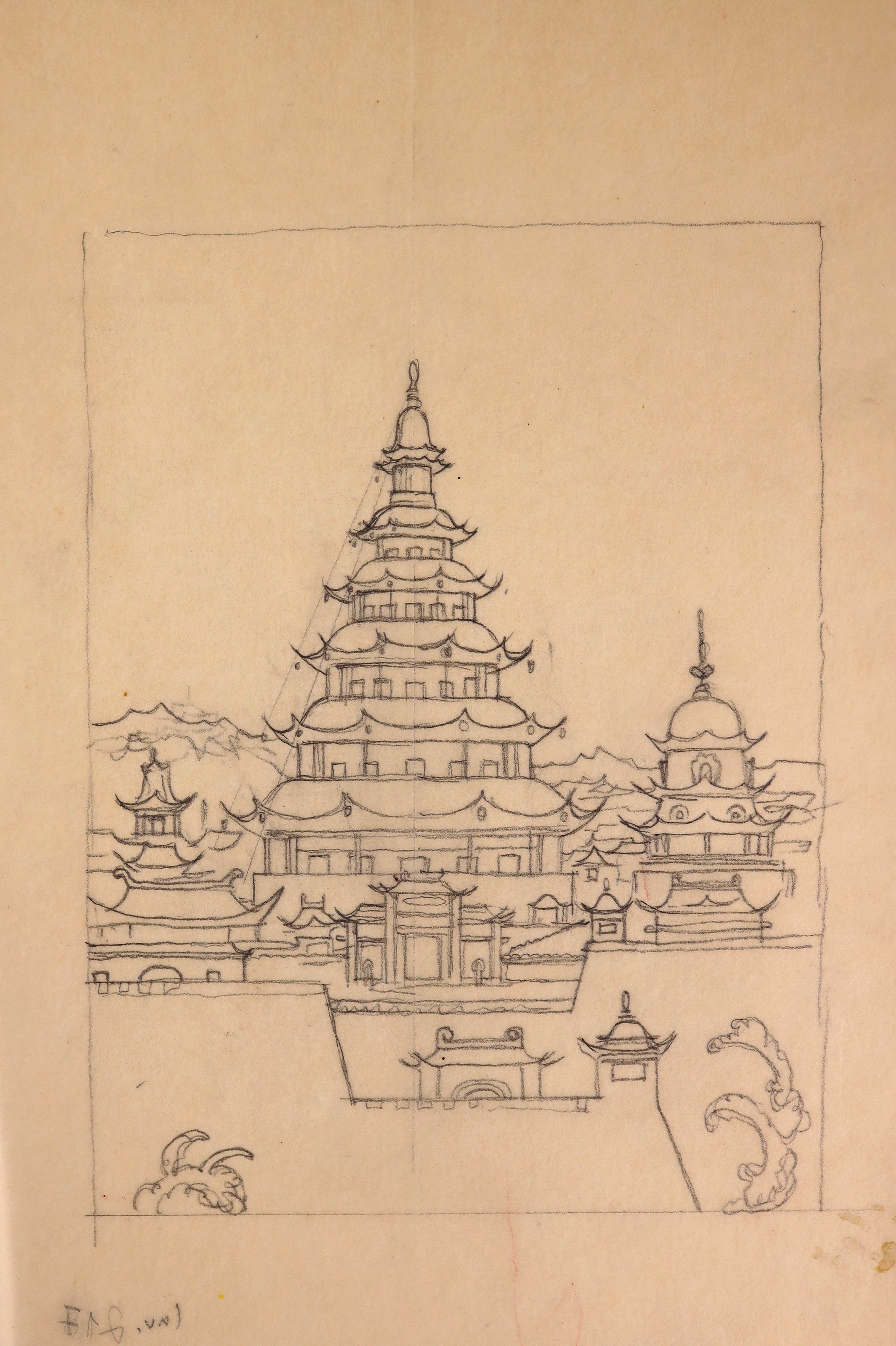 Fernöstlicher Palast oder Tempel. Entwurf zu einer Buchillustrationen "Visionen aus dem Osten", 1921 (Stift Heiligenkreuz CC BY-NC-SA)