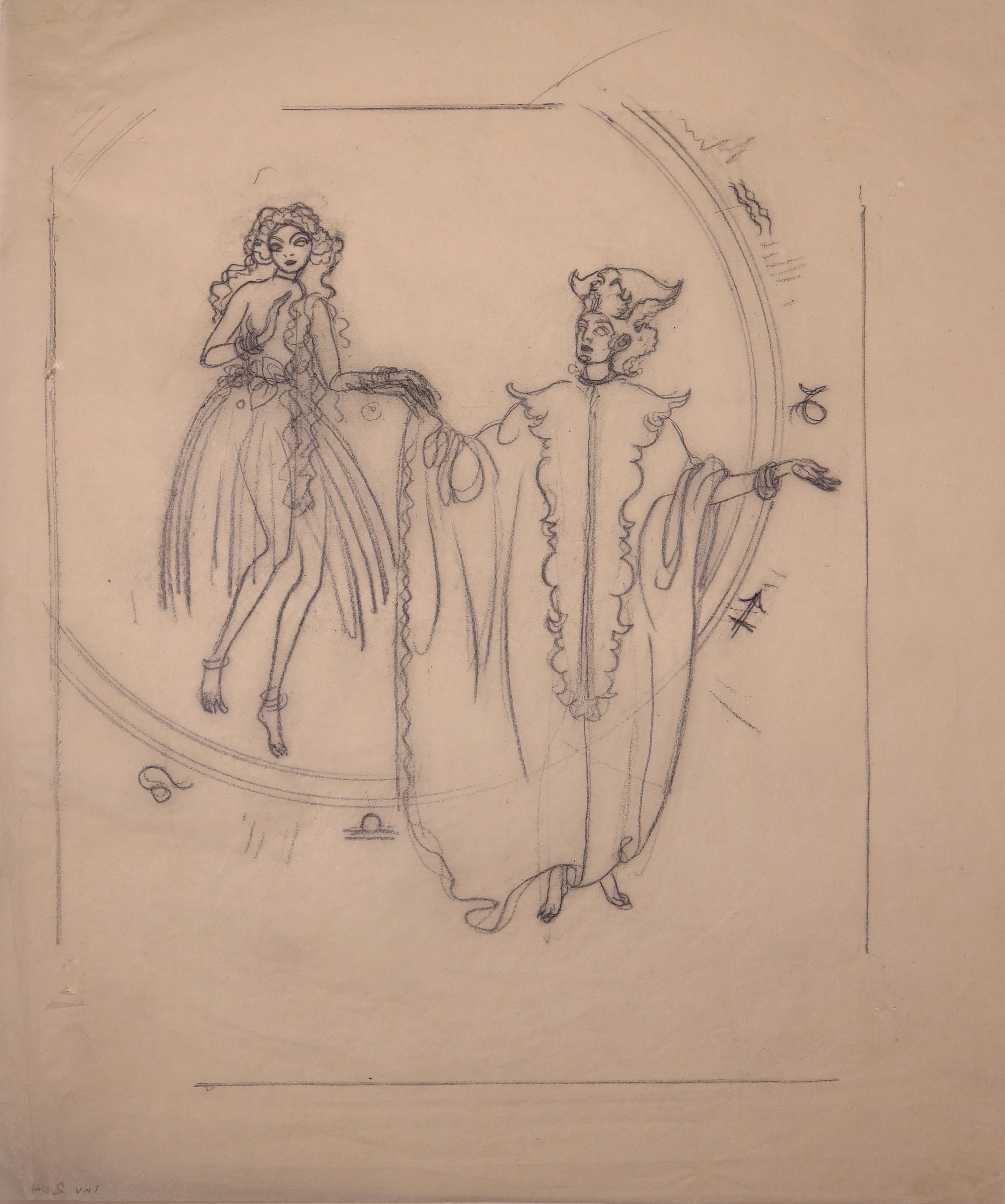 Entwurf mit Zauberin oder Prinz und einer jungen Frau mit Bastrock, die aus einem Ring mit Planetensymbolen steigt (Stift Heiligenkreuz CC BY-NC-SA)
