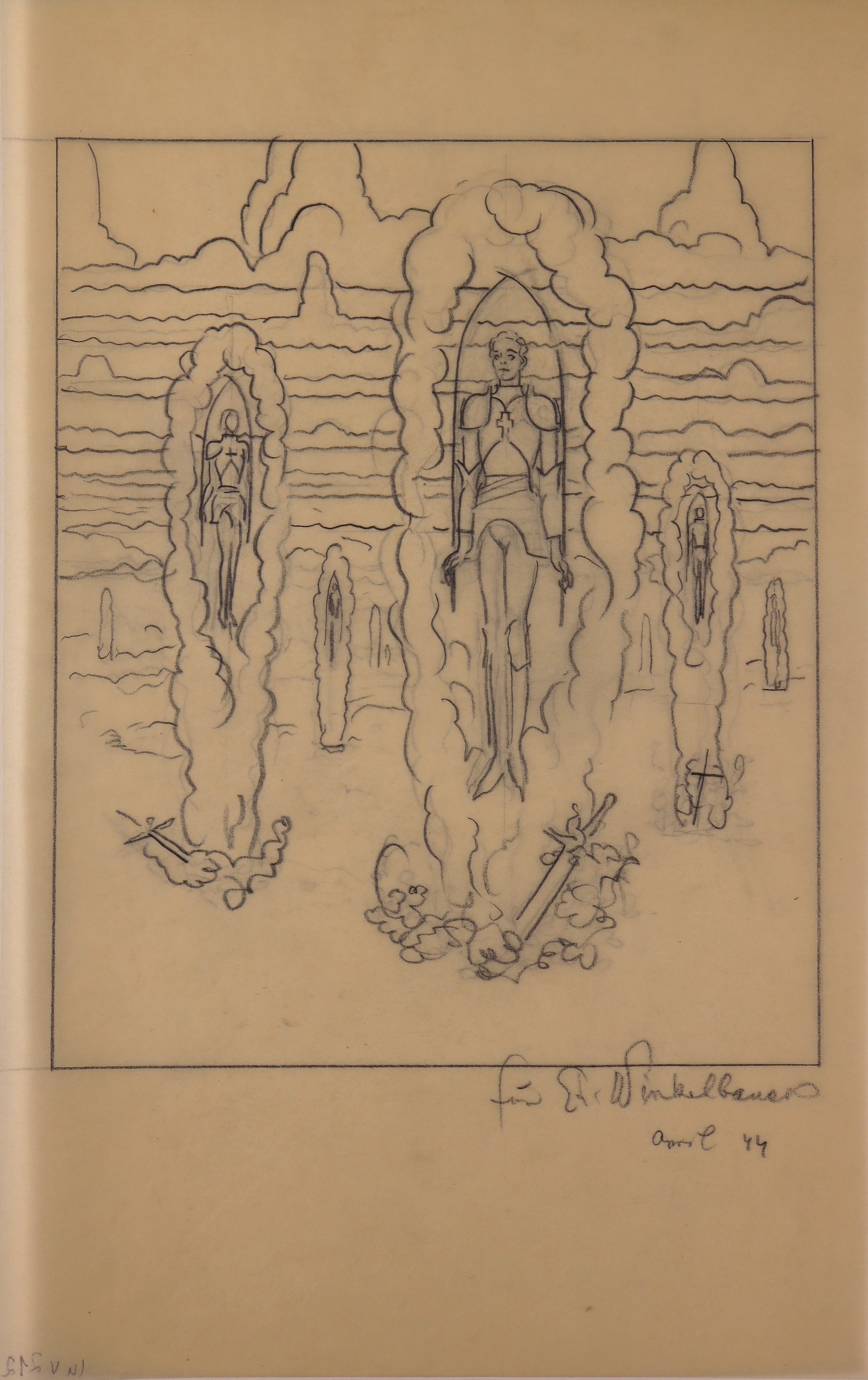 Geharnischte Helden mit Märtyrerzweigen, in Wolkenrahmen über ihren Gräbern schwebend (1944) (Stift Heiligenkreuz CC BY-NC-SA)