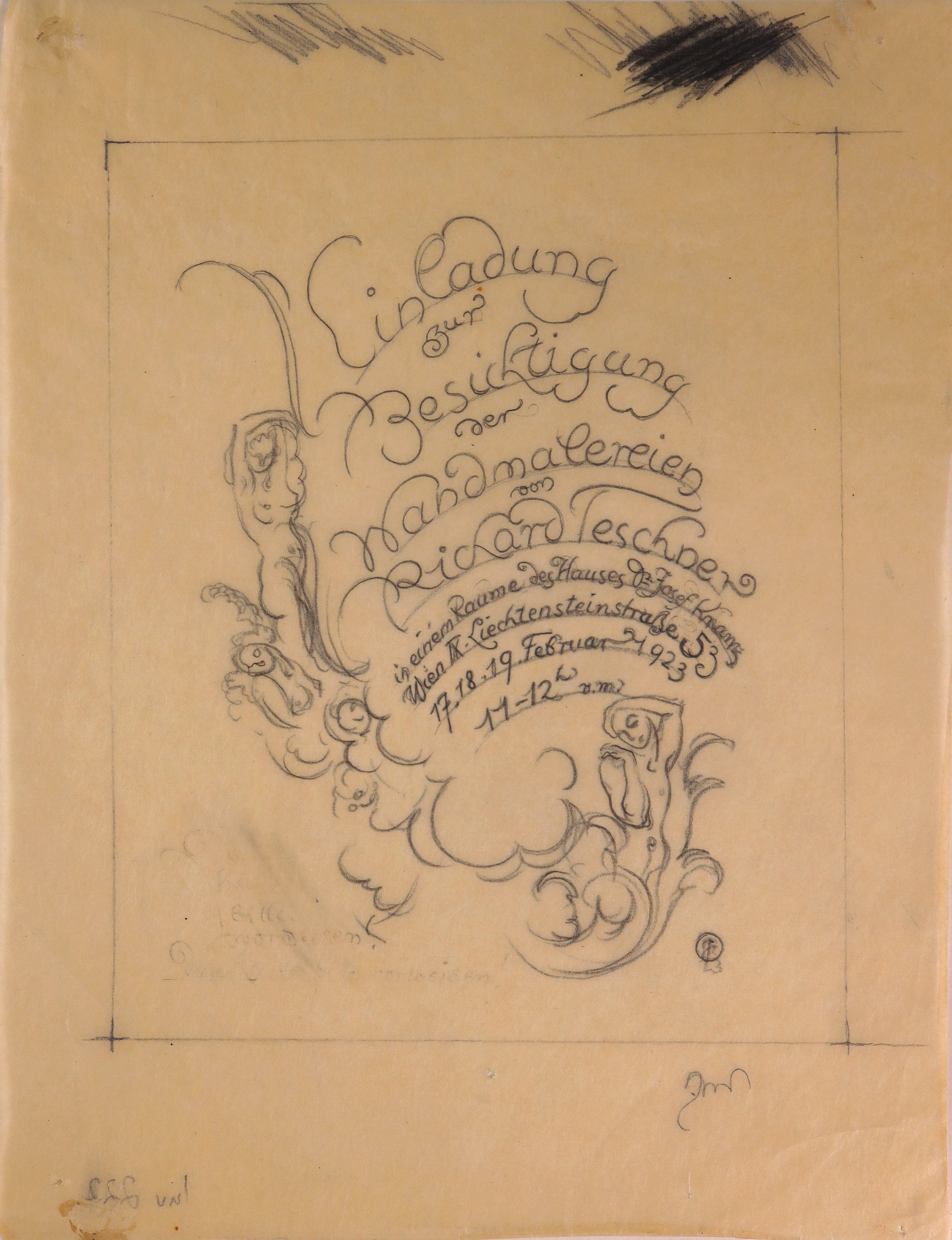 Entwurf für die Einladung zur Besichtigung von Teschners Wandmalereien in der Liechtensteinstraße 53 in Wien (1923) (Stift Heiligenkreuz CC BY-NC-SA)