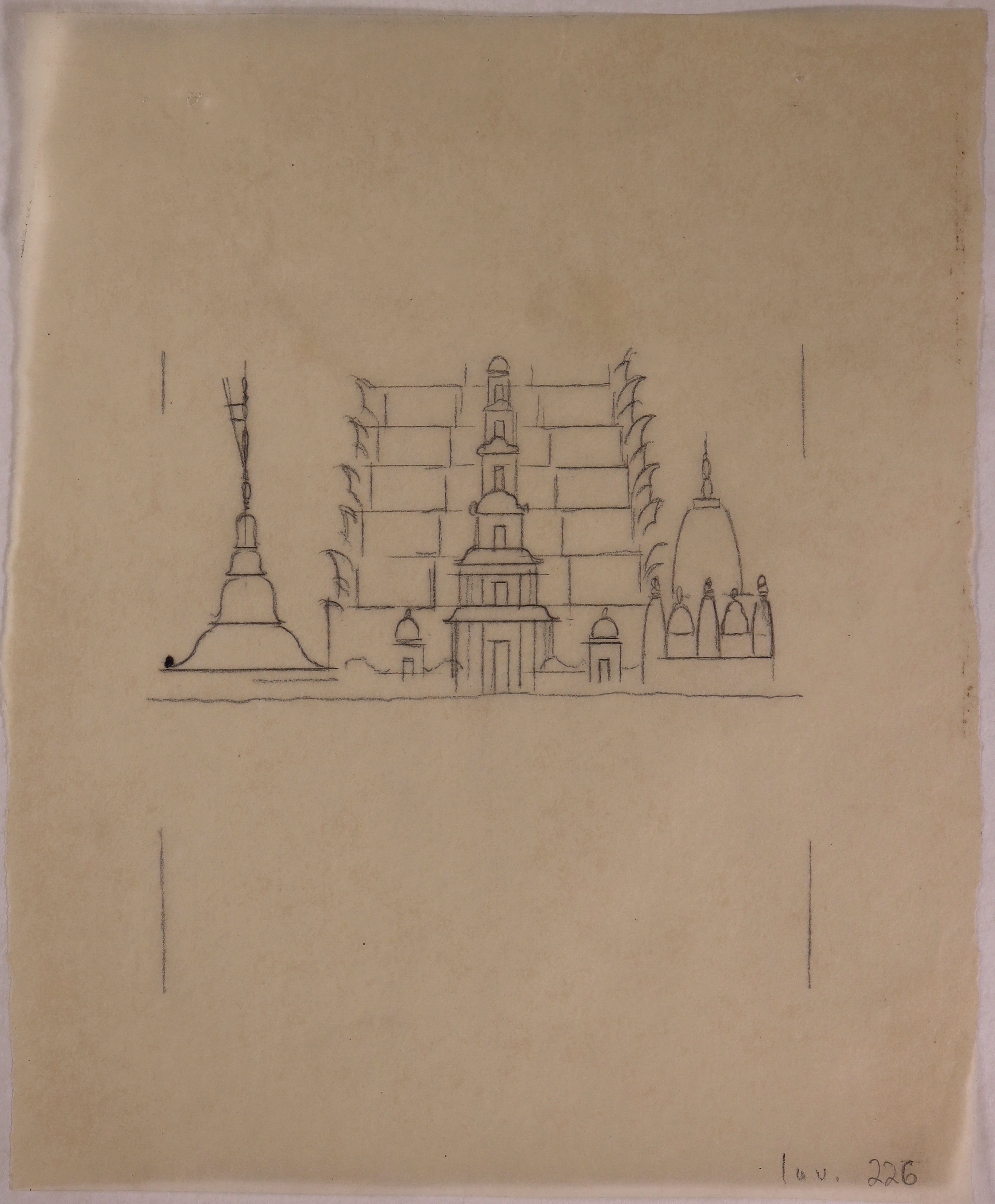 Fernöstlicher Tempel, oben beschnitten. Entwurf zu einer Buchillustrationen in "Visionen aus dem Osten" (Wien 1921) (Stift Heiligenkreuz CC BY-NC-SA)