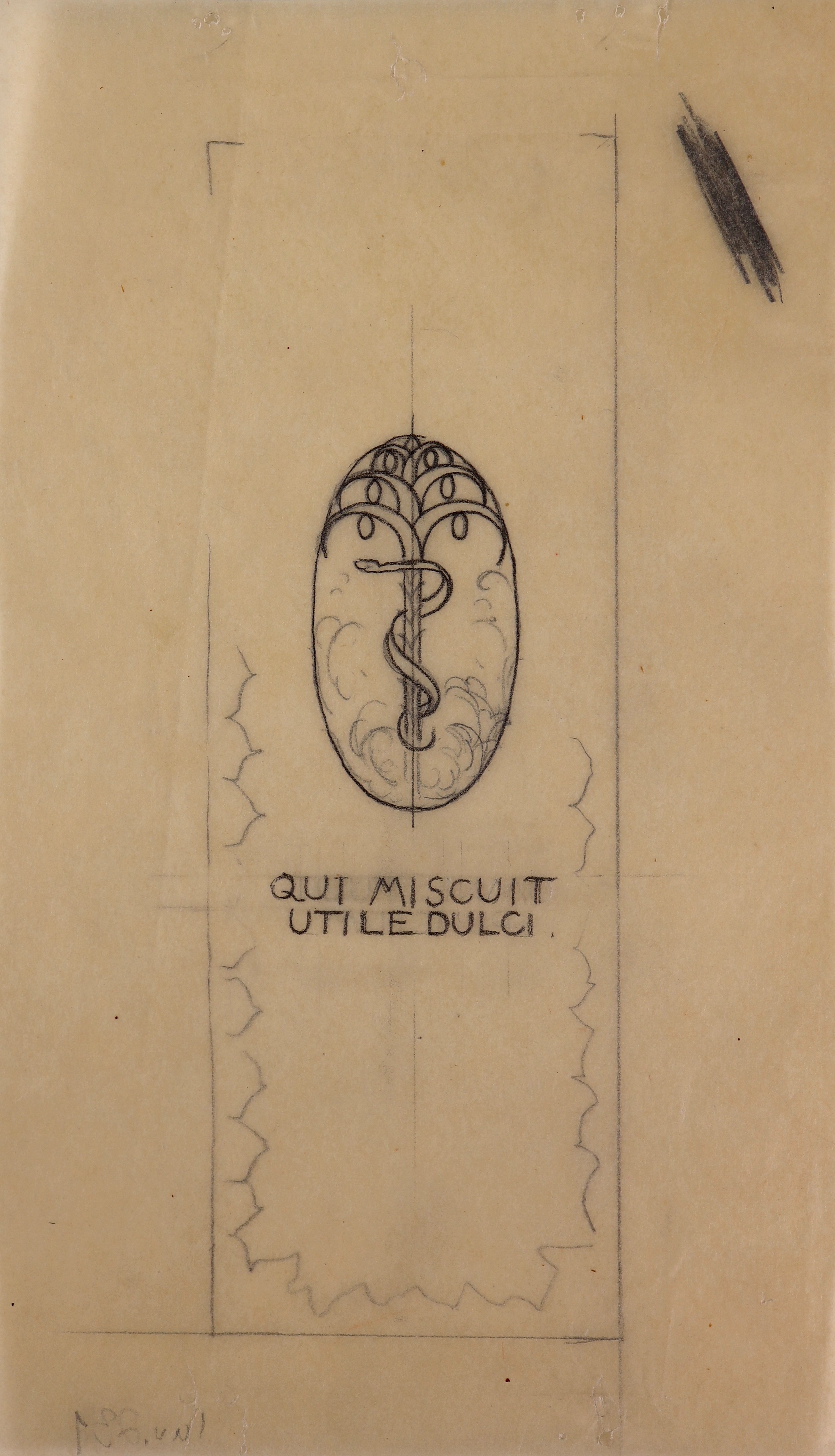 Paradiesschlange am Baum der Erkenntnis zum Motto "QUI MISCUIT UTILE DULCI" – Entwurf für ein Exlibris (?) (Stift Heiligenkreuz CC BY-NC-SA)