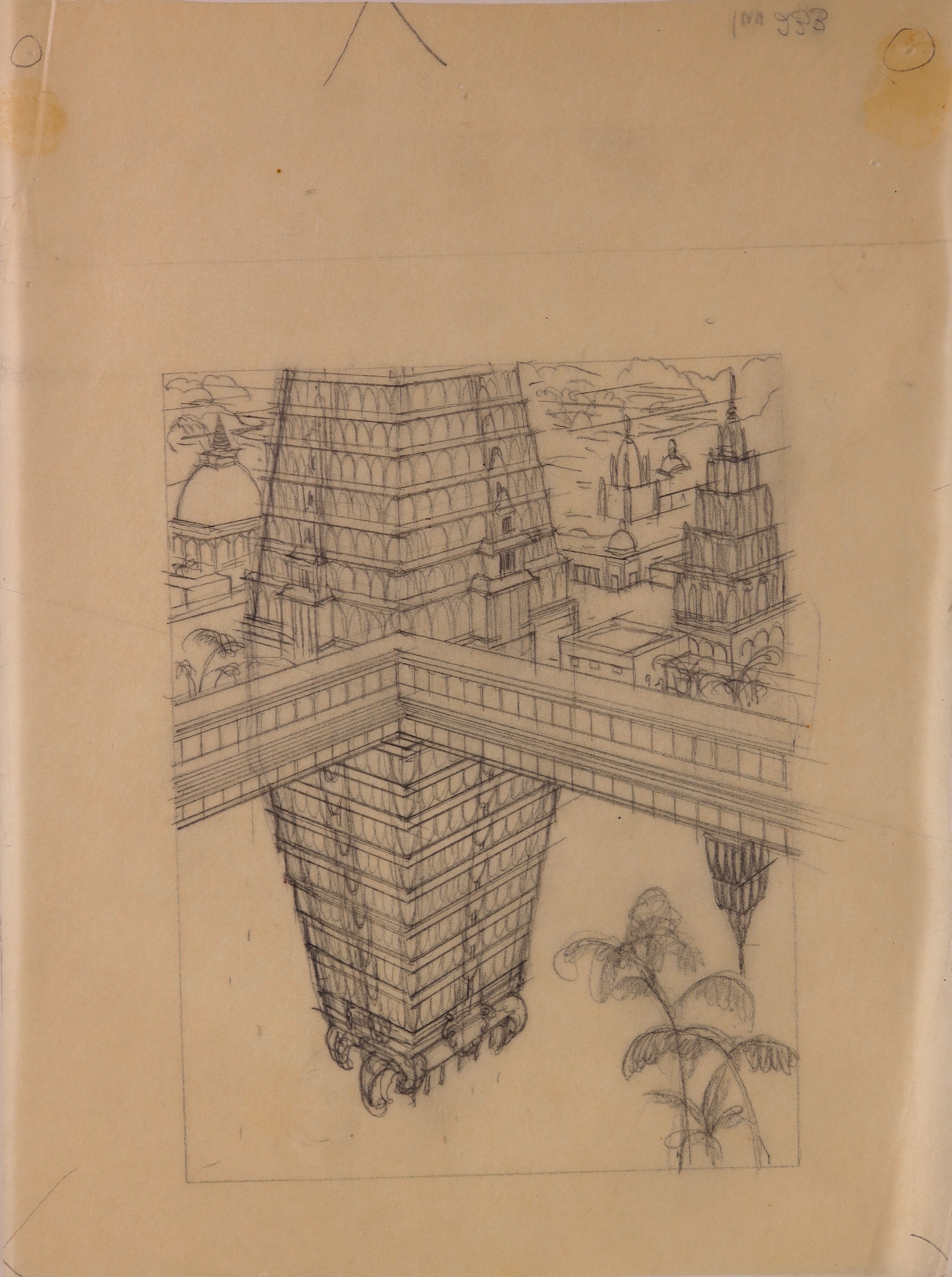 Fernöstlicher Tempel, der sich auf einer Wasseroberfläche spiegelt (verworfene Studie für "Visionen aus dem Osten", Wien 1921 (Stift Heiligenkreuz CC BY-NC-SA)