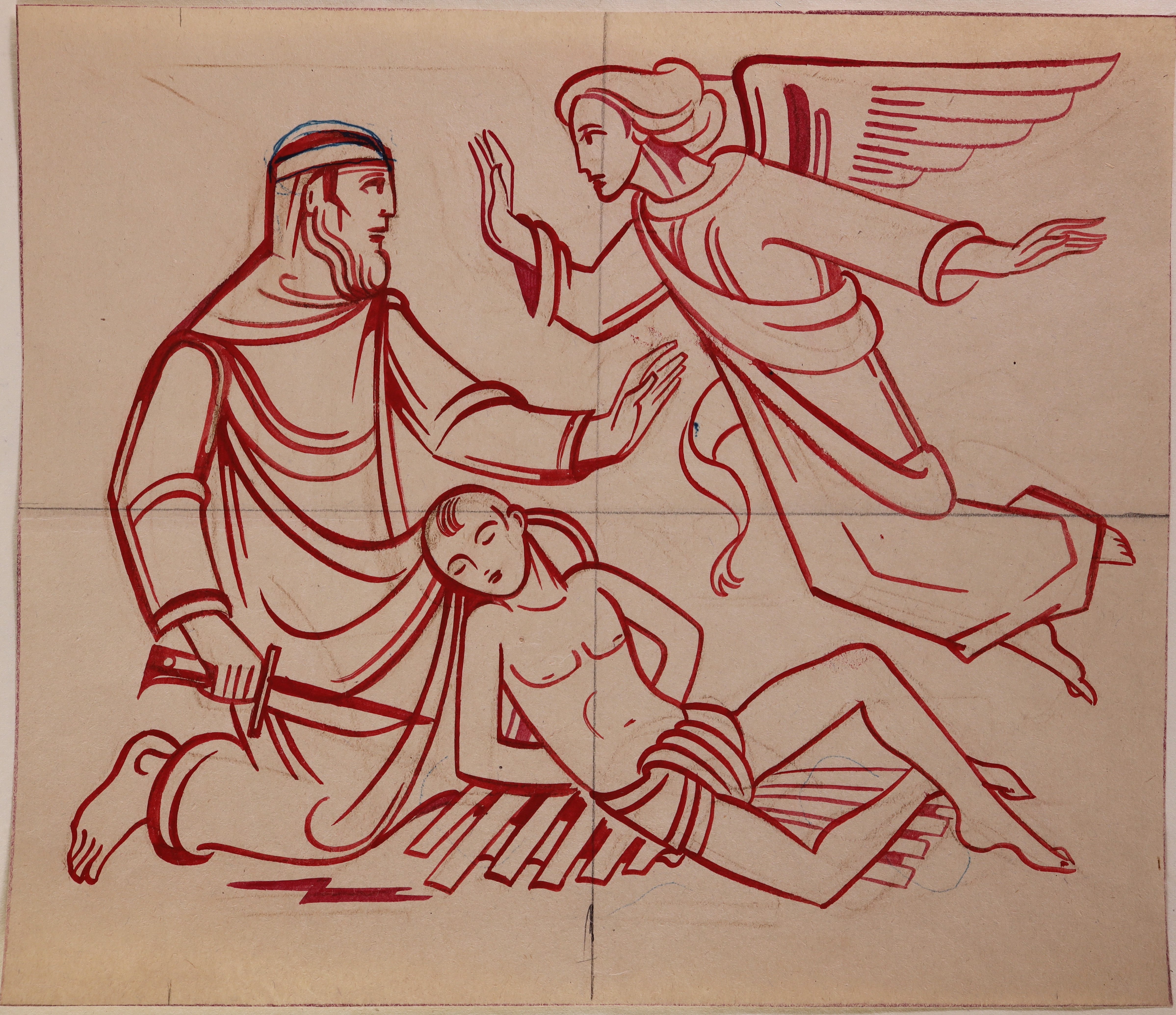 Abraham wird von einem Engel von der Opferung seines Sohnes Isaak abgehalten (Entwurf für Glasmalerei) (Stift Heiligenkreuz CC BY-NC-SA)