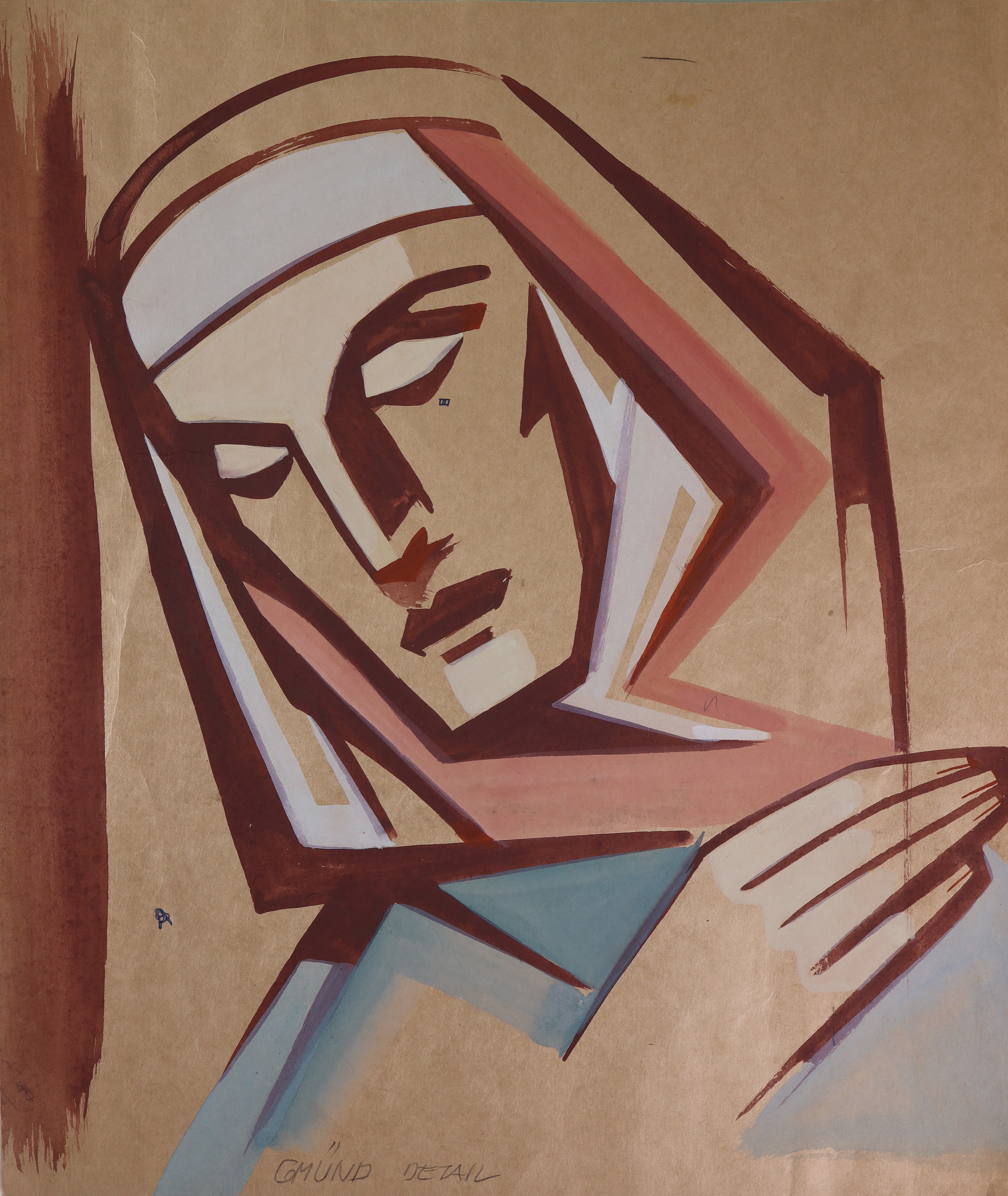 Kopf einer Frau mit Hand vor der Brust – Detailentwurf für eine Maria (?) (Stift Heiligenkreuz CC BY-NC-SA)