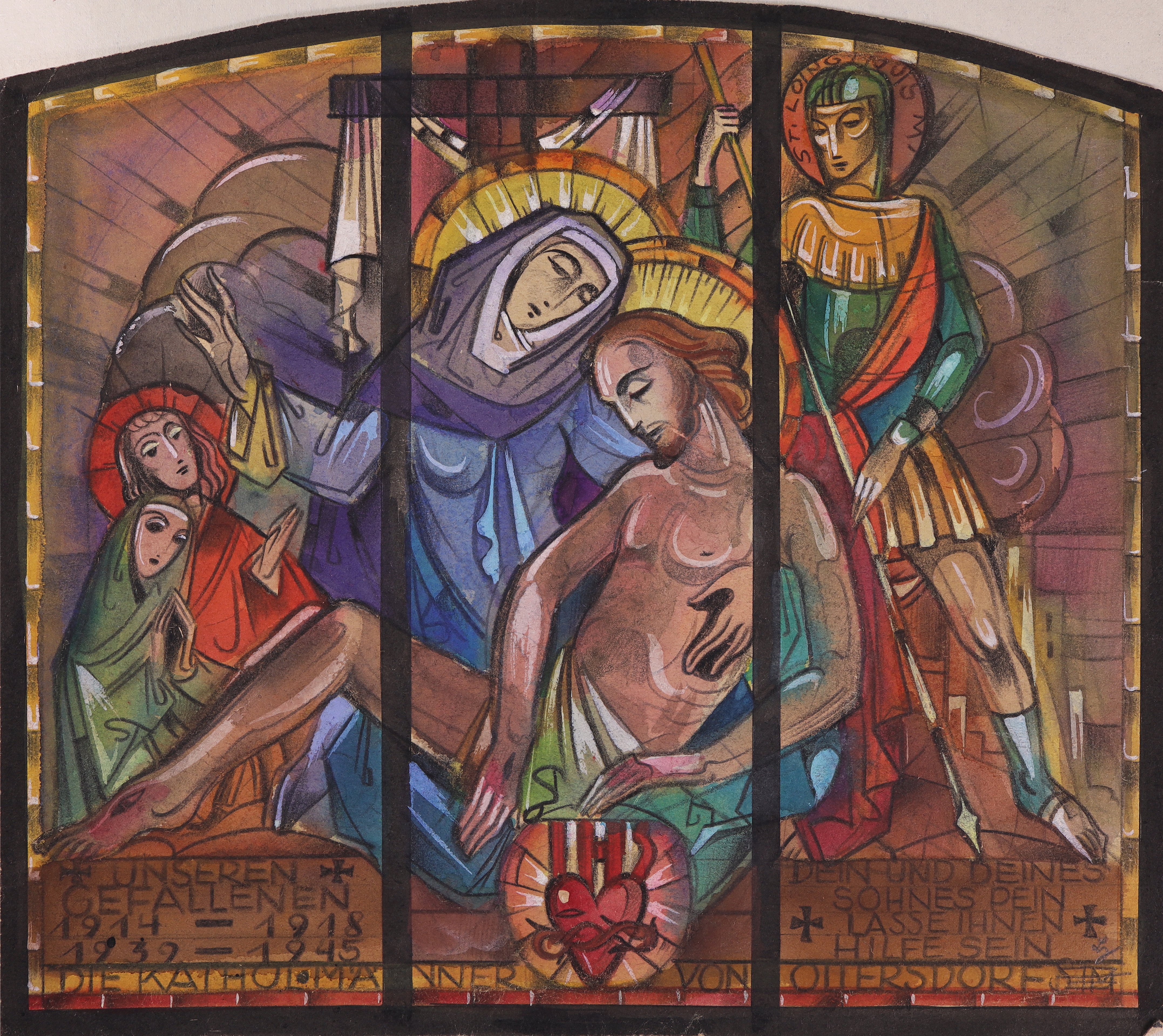 Pieta mit Johannes und Maria Magadlena links und Longinus rechts – Glasmalereientwurf für Otterdsorf (Stift Heiligenkreuz CC BY-NC-SA)