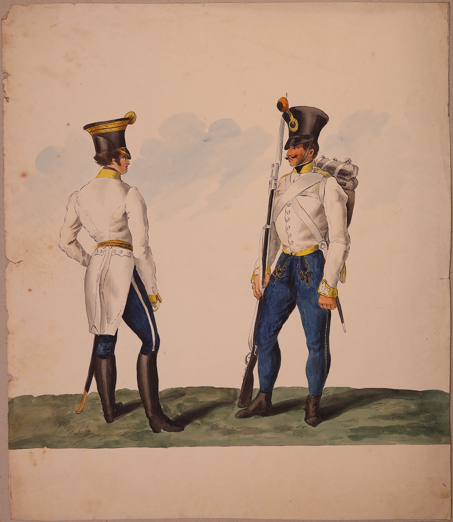 Offizier und gemeiner Infanterist in weiß-blauen Uniformen ("K.K. Ungarische Linien Infanterie") (Stift Heiligenkreuz CC0)