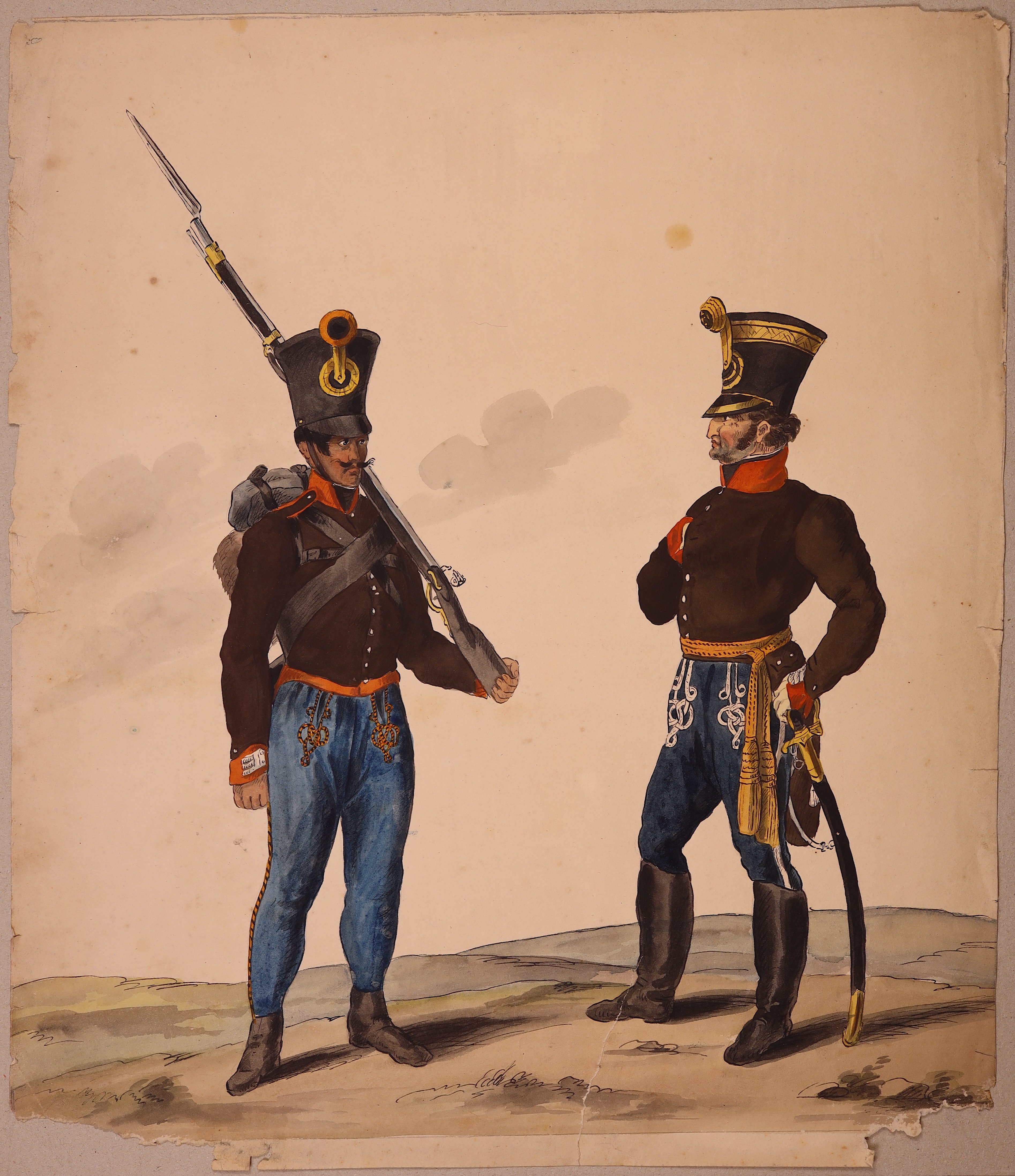 Offizier und gemeiner Soldat in braun-blauen Uniformen ("K.K. Österreichische Gränz Infanterie") (Stift Heiligenkreuz CC BY-NC-SA)