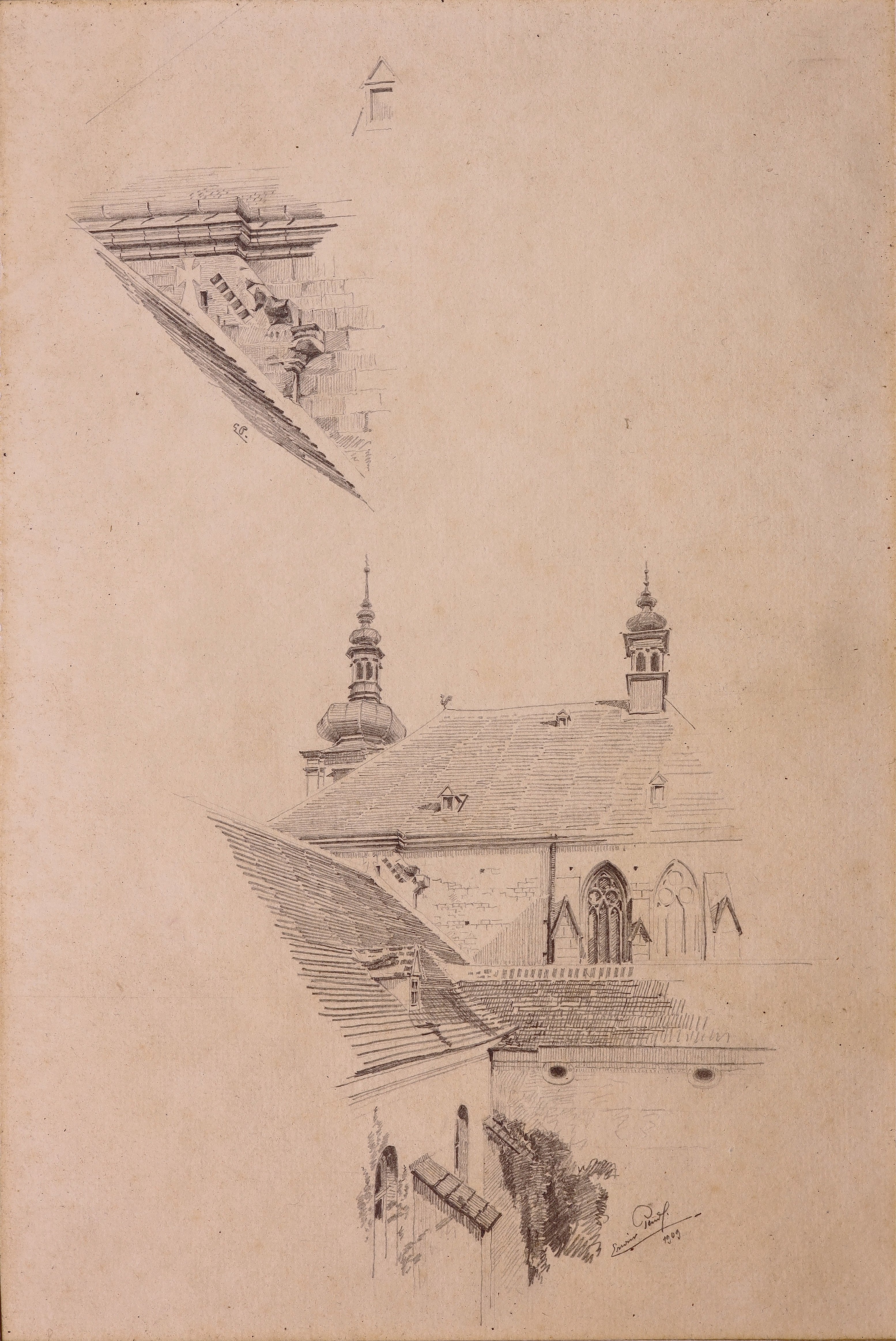 Blick über Dächer auf den Chor der Stiftskirche von Heiligenkreuz mit zwei Detailstudien (Stift Heiligenkreuz CC BY-NC-SA)