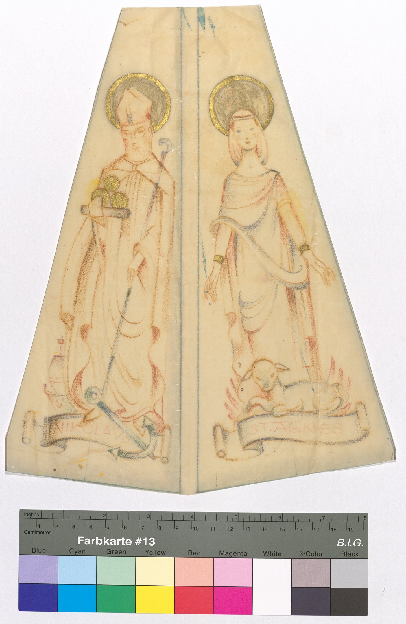 Entwurf für die Decke der Herz-Jesu-Kirche in Gmünd, Hl. Nikolaus und Hl. Agnes (Stift Heiligenkreuz CC BY-NC-ND)