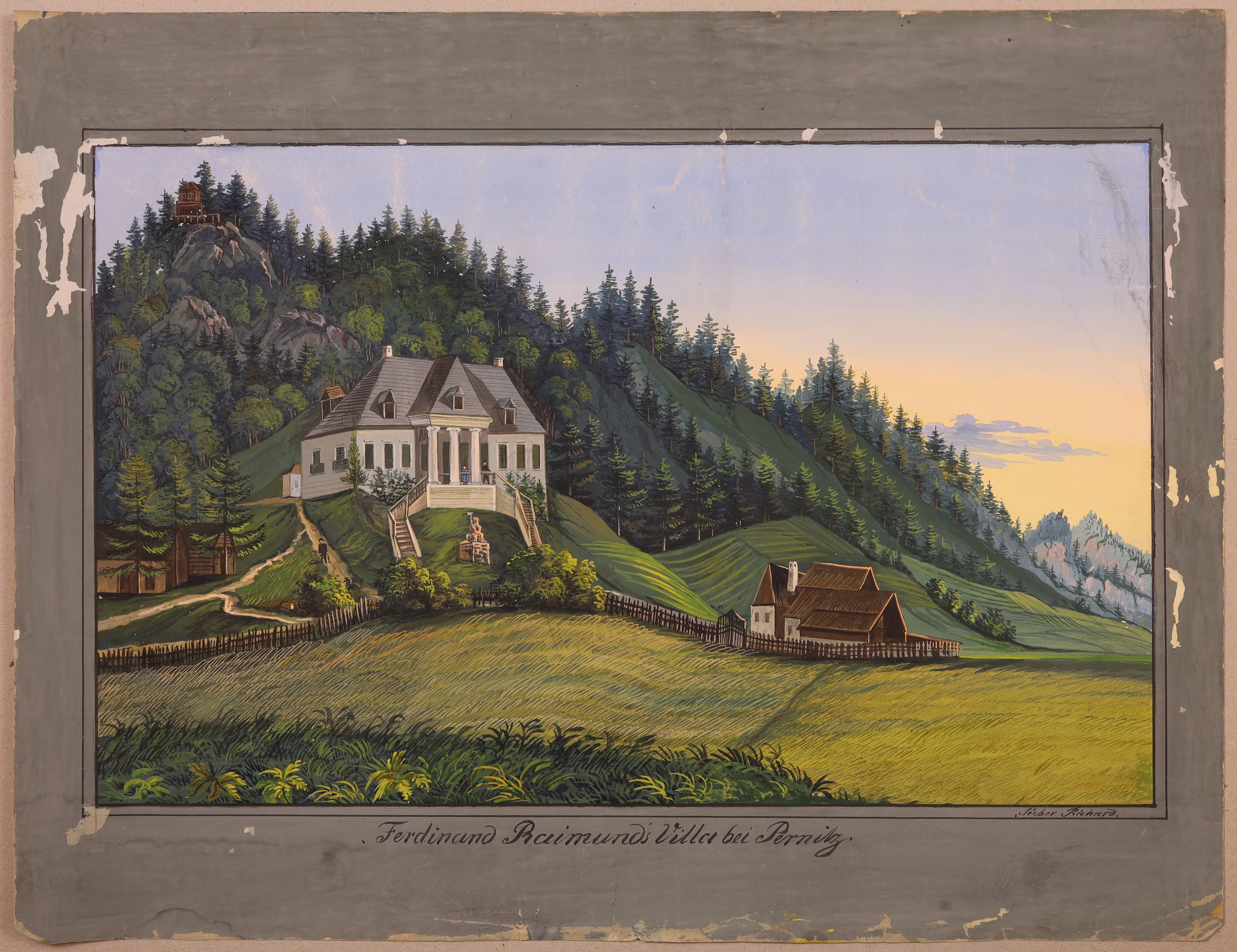 Landschaft mit fantasievoller Darstellung der Raimundvilla bei Pernitz ("Ferdinand Raimund Villa bei Pernitz") (Stift Heiligenkreuz CC BY-NC-SA)