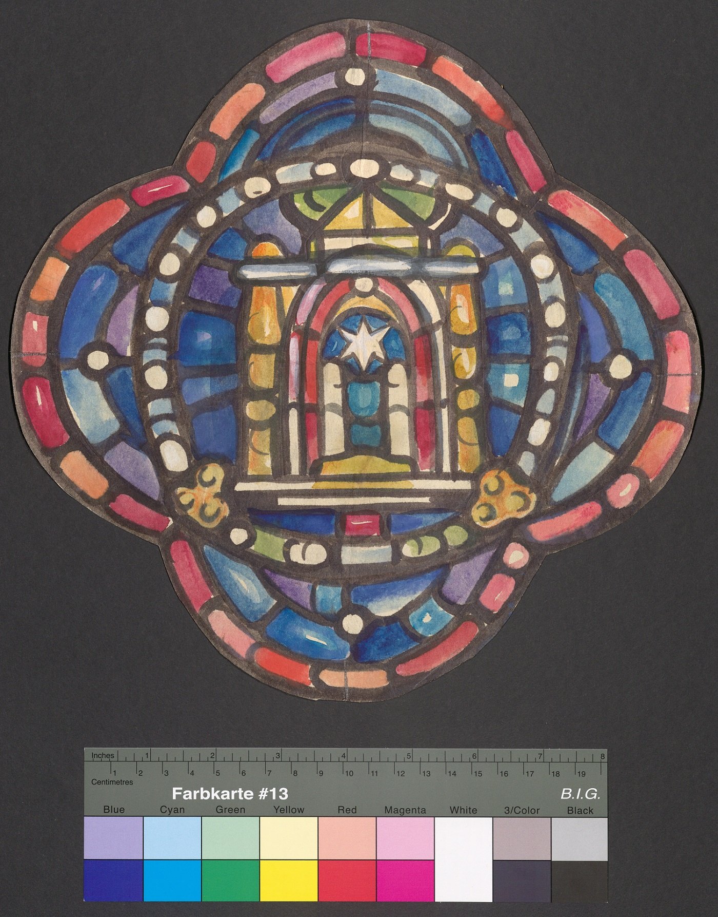Entwurf eines Kirchenfensters, Vierpass mit Darstellung des Tempels (?) (Stift Heiligenkreuz CC BY-NC-ND)