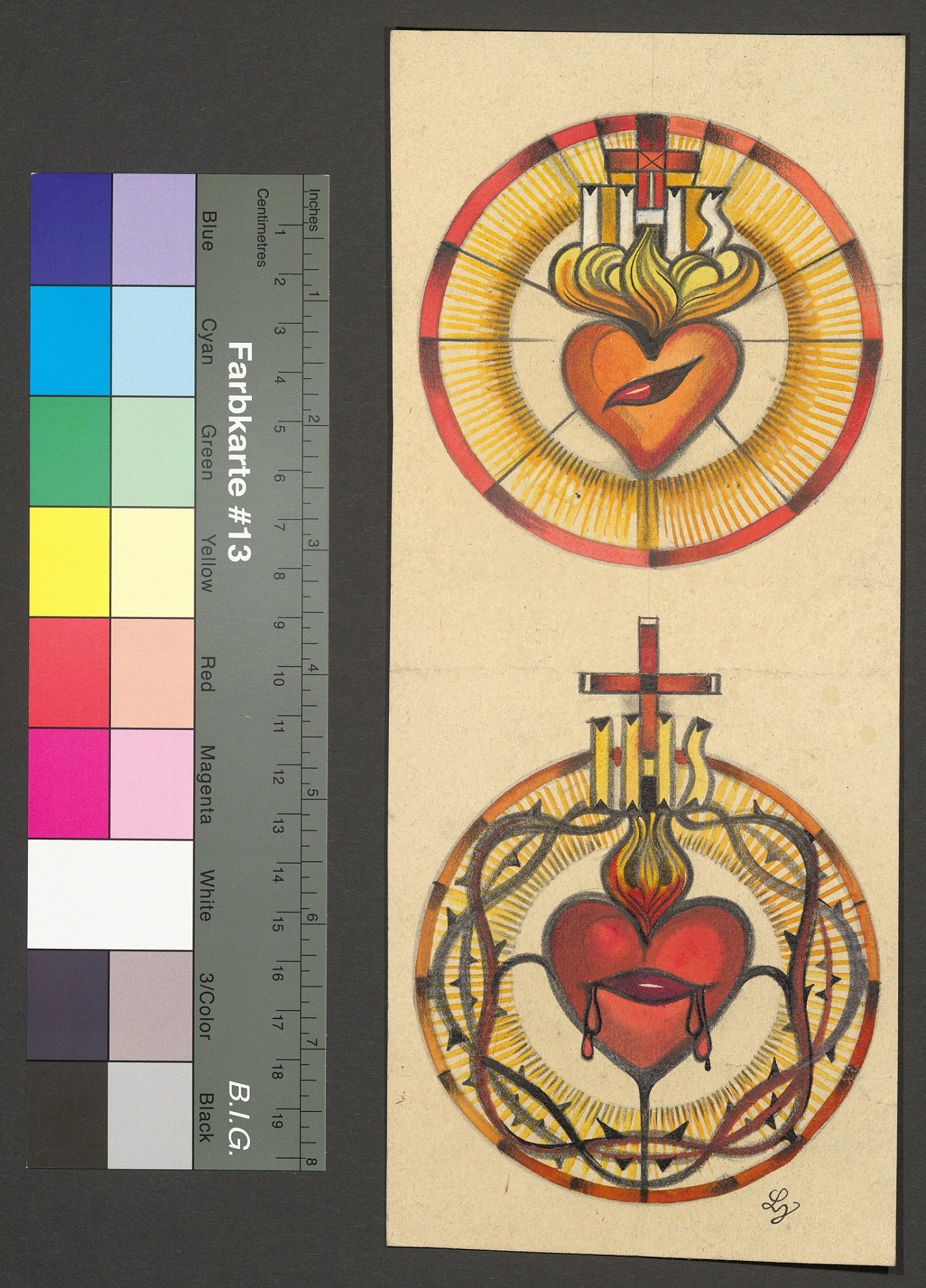 Entwurf eines Kirchenfensters, Zwei Darstellungen des Heiligsten Herz Jesu (Stift Heiligenkreuz CC BY-NC-ND)