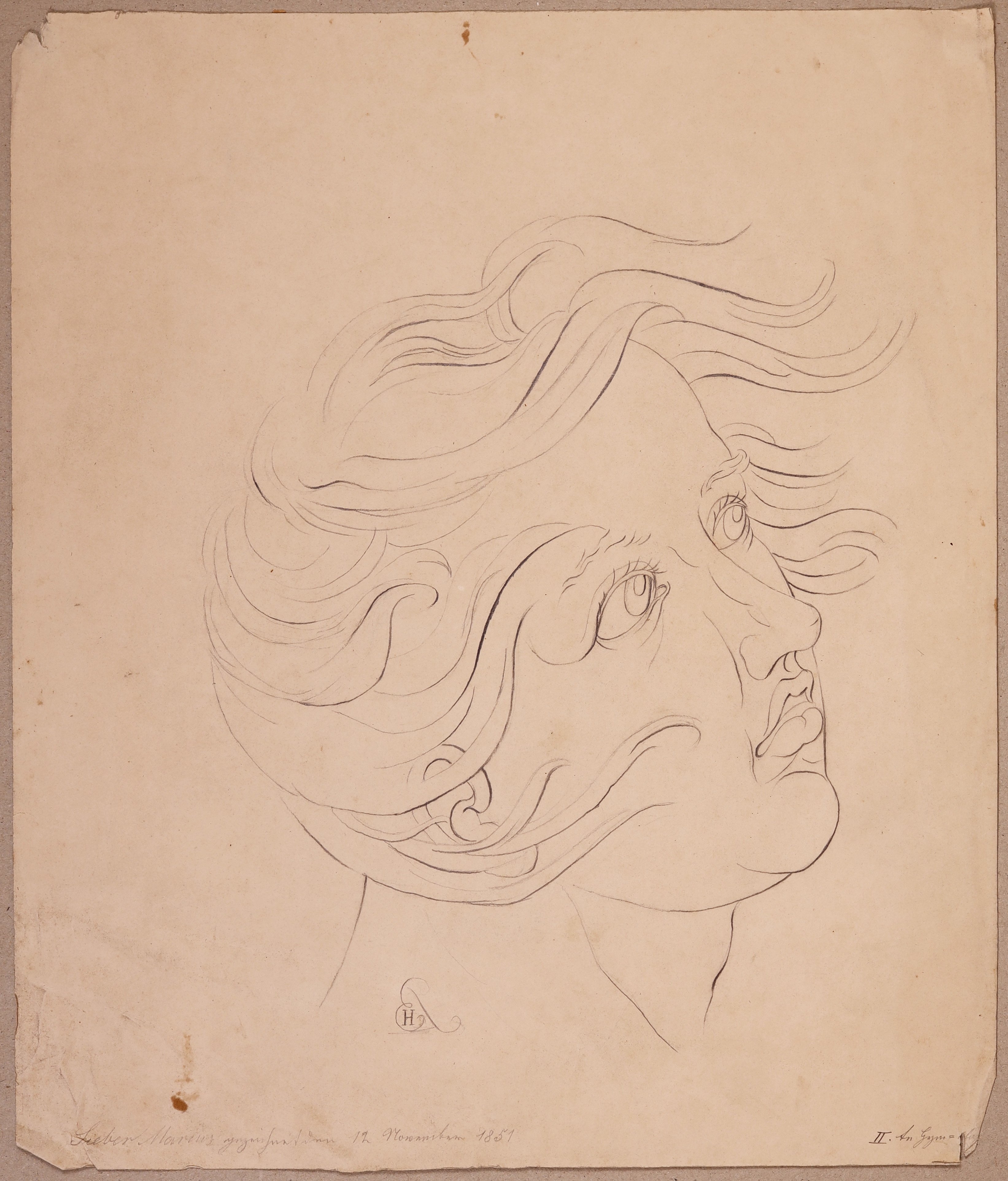 Jünglingskopf mit dramatisch wehendem Haar, im Dreiviertelprofil nach rechts oben blickend (Stift Heiligenkreuz CC BY-NC-SA)