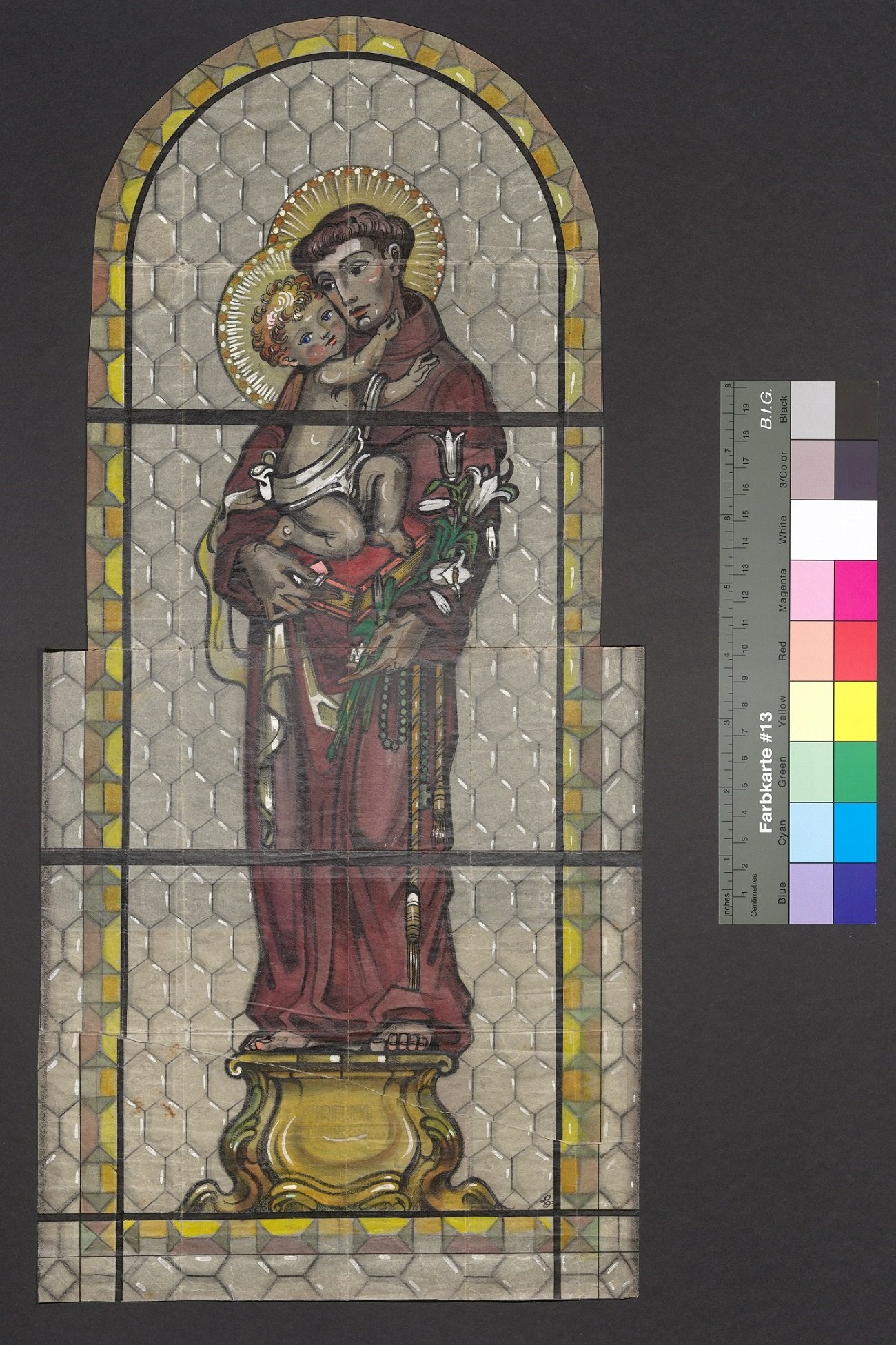 Entwurf eines Kirchenfensters, Hl. Antonius mit Jesuskind (Stift Heiligenkreuz CC BY-NC-ND)
