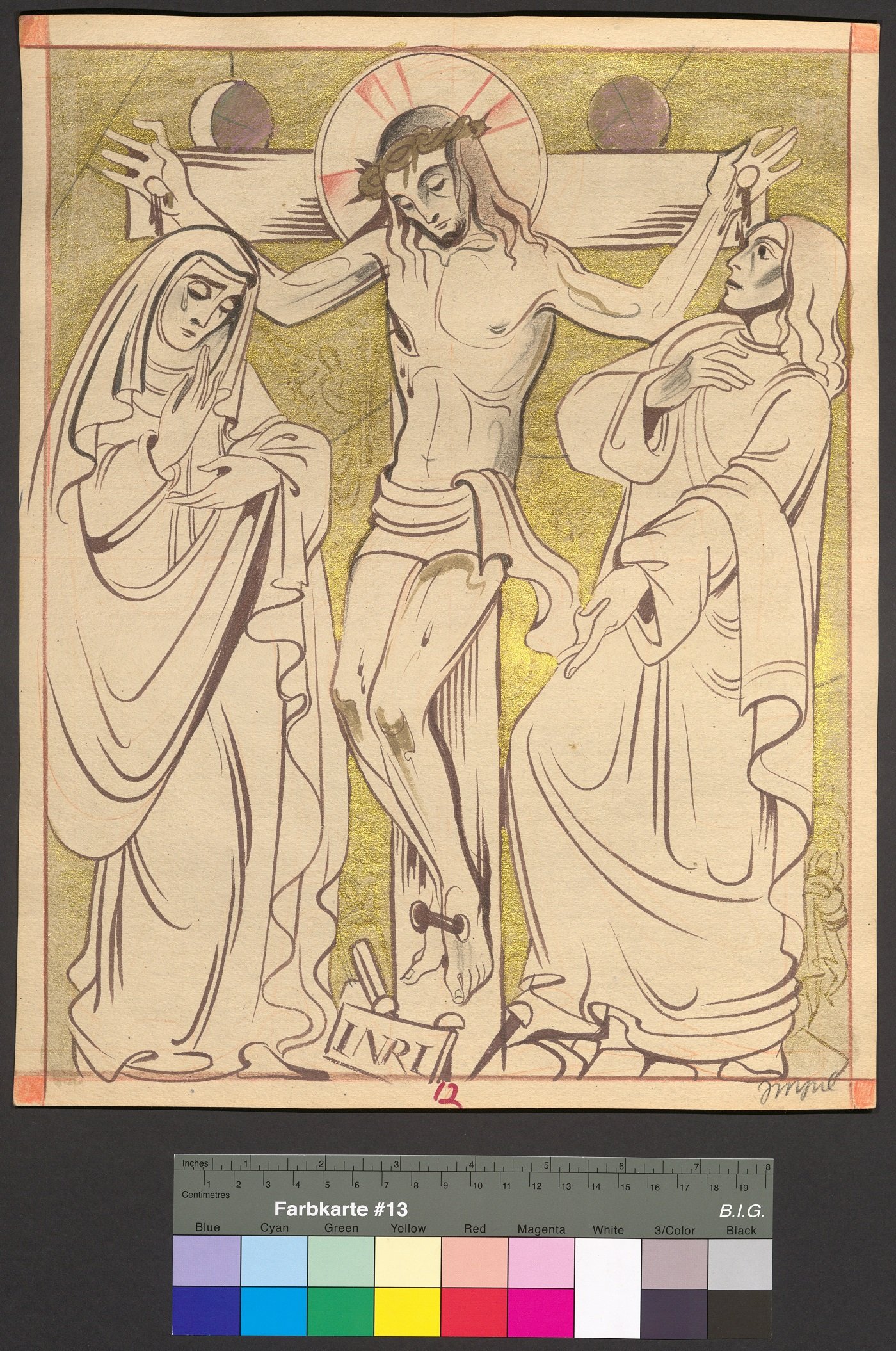 Entwurf, Kreuzwegstation XII. (Pfarrkirche Michelhausen), Serie A/koloriert (Stift Heiligenkreuz CC BY-NC-ND)