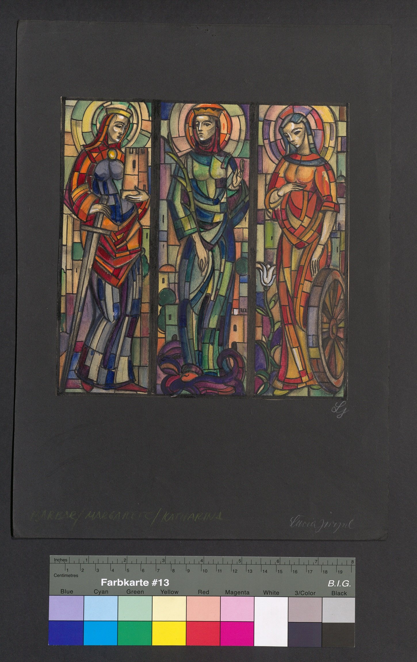 Entwurf eines Kirchenfensters, Die drei hl. Jungfrauen (Stift Heiligenkreuz CC BY-NC-ND)