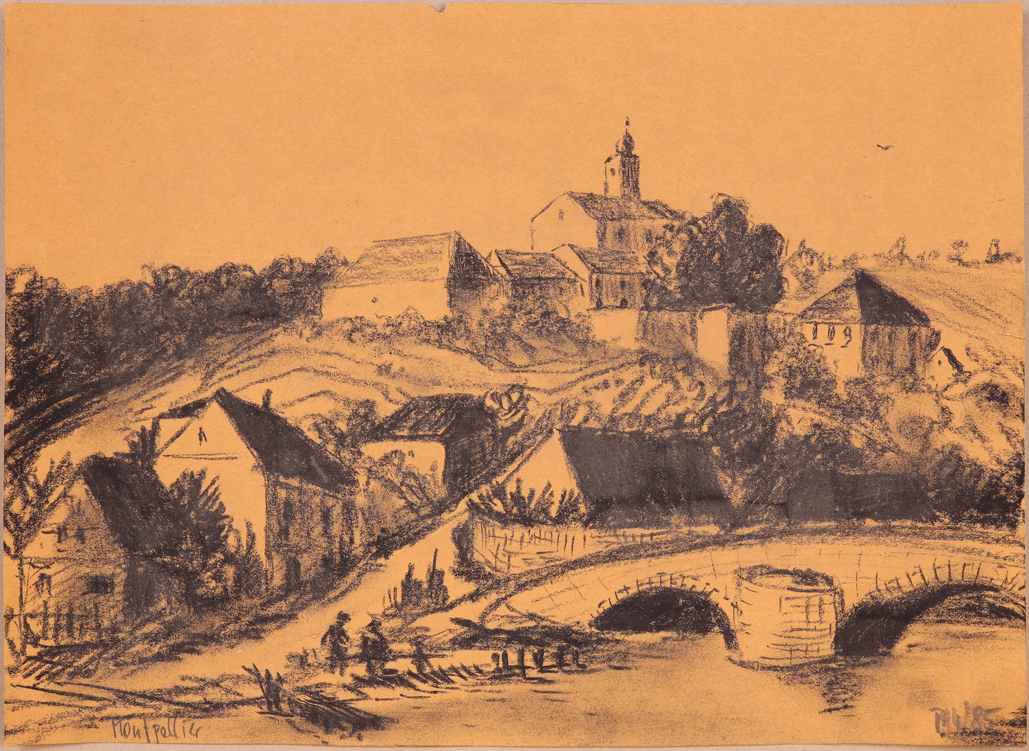 Dorf mit Kirche auf einem Hügel und einer Steinbrücke (Stift Heiligenkreuz CC BY-NC-SA)