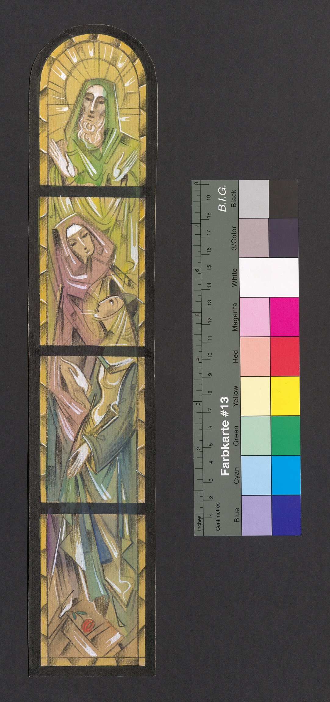 Entwurf Kirchenfenster, drei Heilige, ein Mann und zwei Frauen (Stift Heiligenkreuz CC BY-NC-ND)
