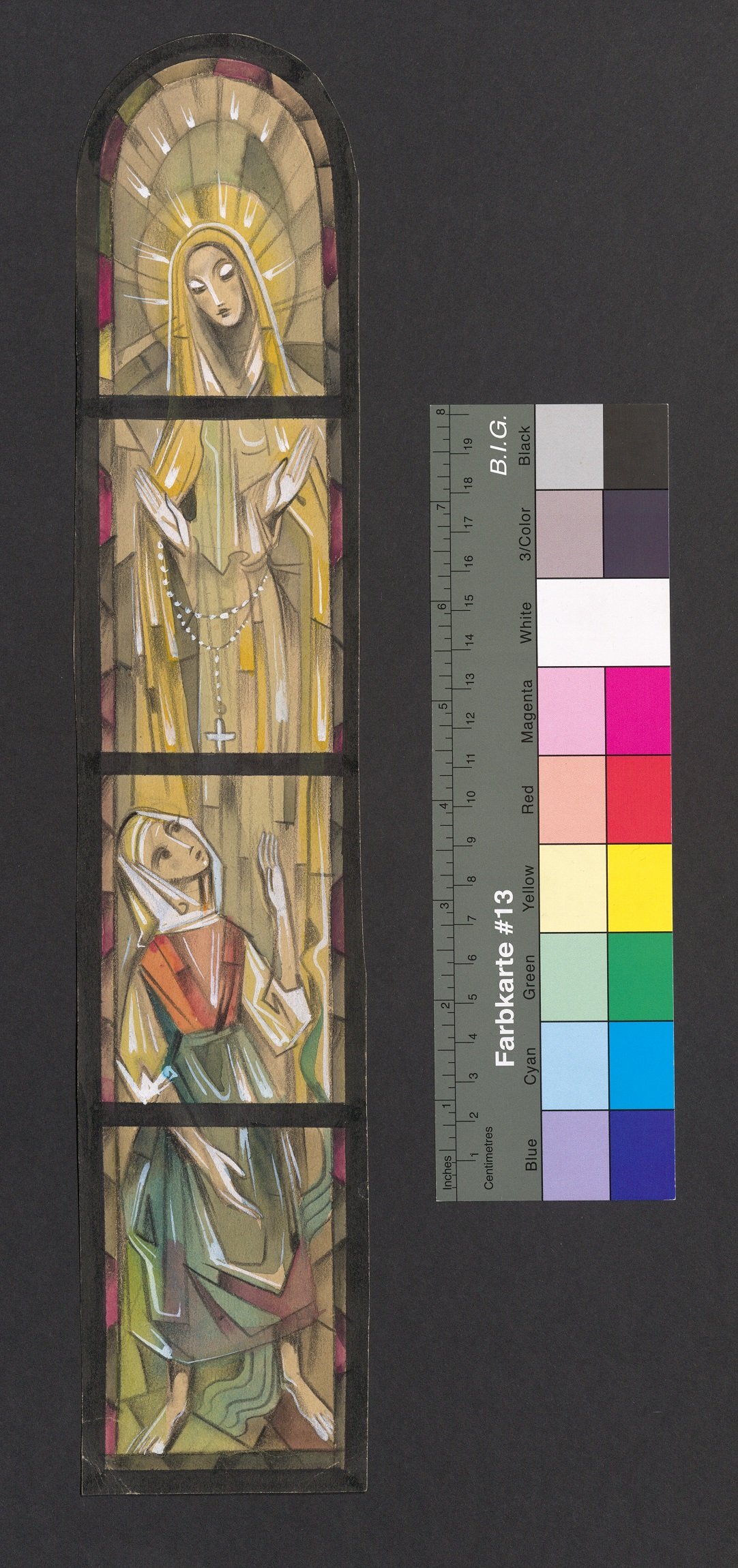 Entwurf Kirchenfenster, Maria mit dem Rosenkranz und eine barfüßige Frau (Stift Heiligenkreuz CC BY-NC-ND)