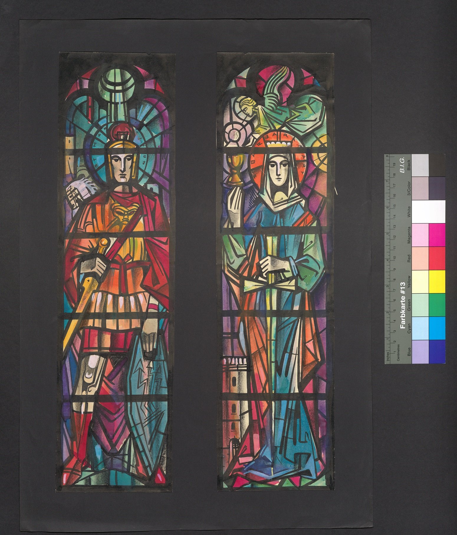 Entwurf zweier Kirchenfenster für die Kapelle der Martinkaserne in Eisenstadt, Hl. Martin und Hl. Barbara (Stift Heiligenkreuz CC BY-NC-ND)