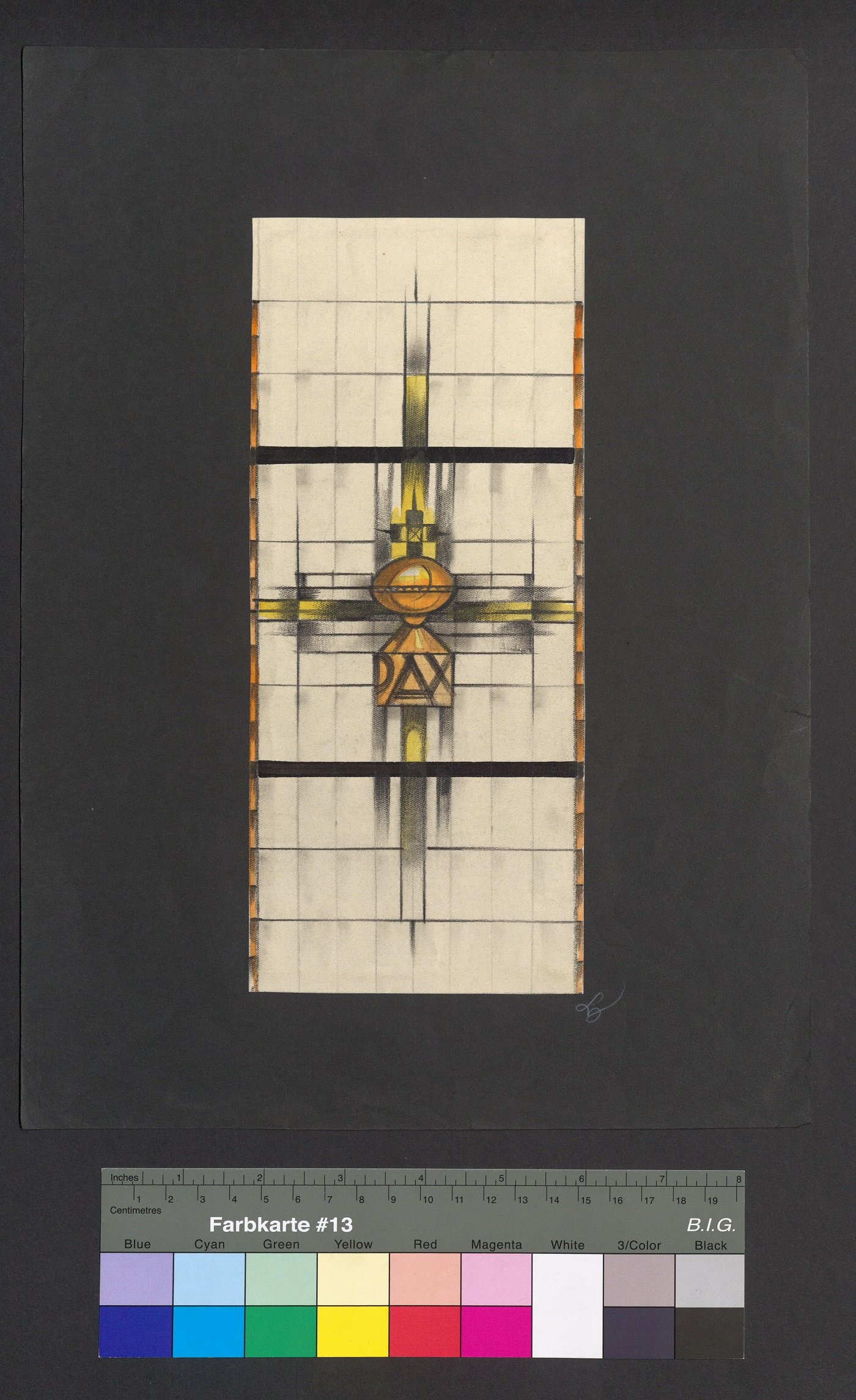 Entwurf Kirchenfenster, Kreuz und Patene mit Aufschrift „Pax“ (Stift Heiligenkreuz CC BY-NC-ND)
