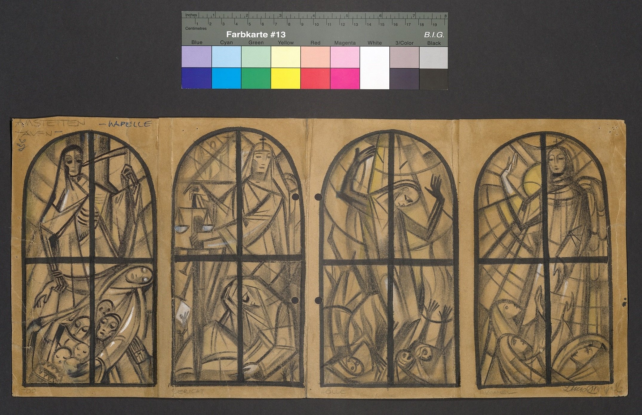 Entwürfe für die Fenster über der Tauf-Apsis der Pfarrkirche Herz-Jesu in Amstetten , Die vier letzten Dinge (Stift Heiligenkreuz CC BY-NC-ND)