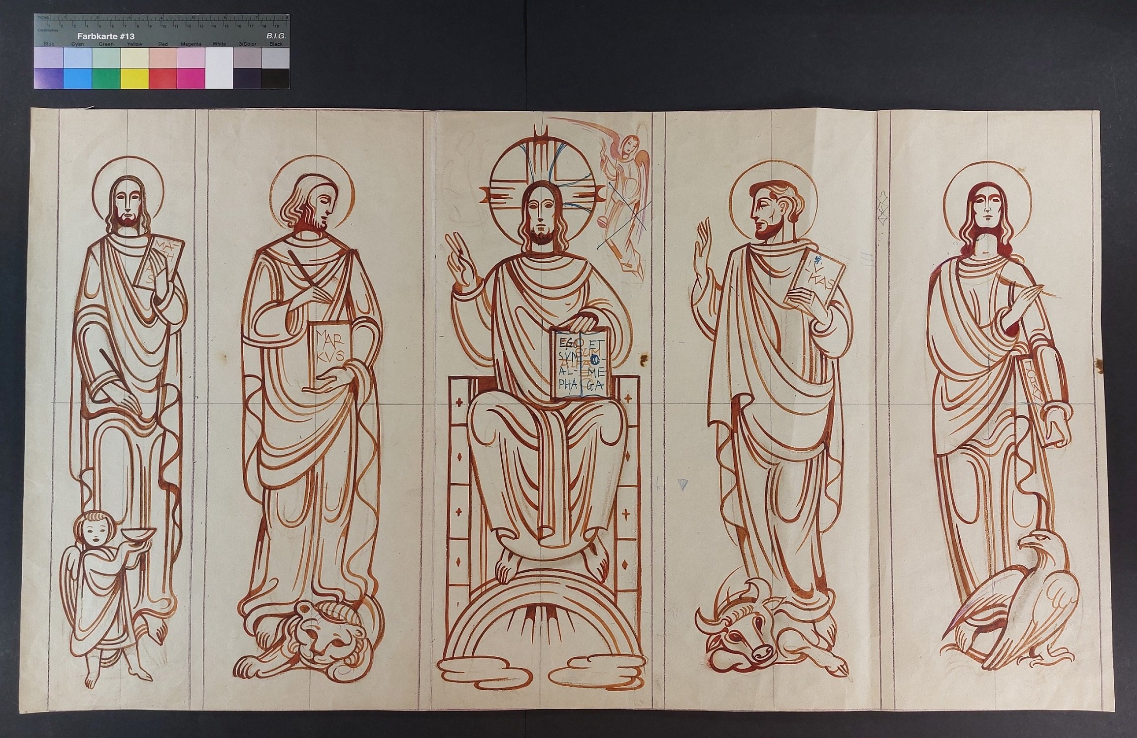 Entwurf für eine Freskengestaltung, Christus flankiert von den vier Evangelisten (Stift Heiligenkreuz CC BY-NC-ND)