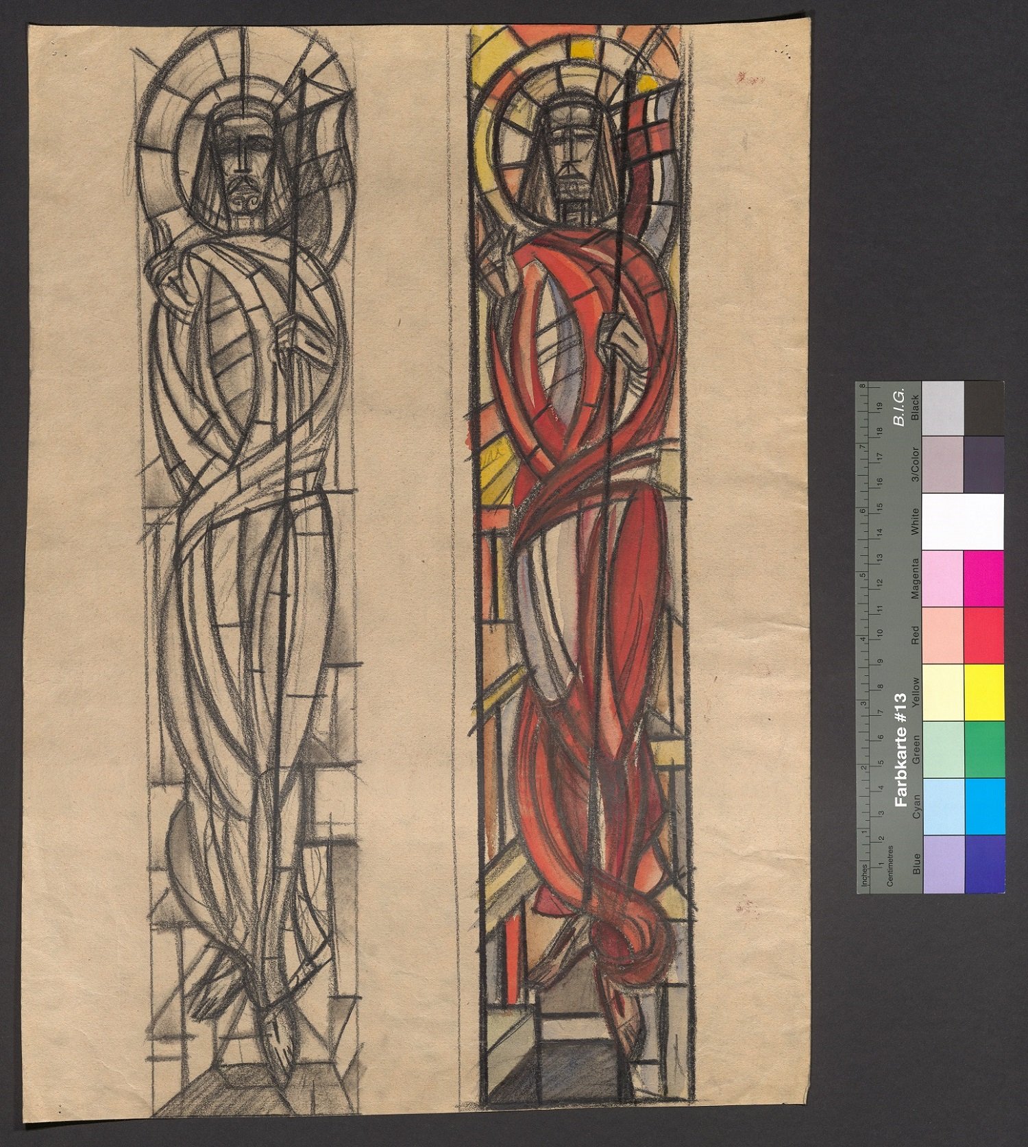 Zwei Entwürfe eines Kirchenfensters, auferstandener Christus mit Fahne (Stift Heiligenkreuz CC BY-NC-ND)