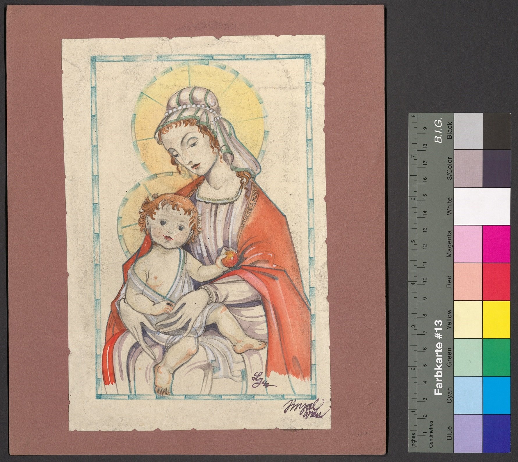 Entwurf eines Kirchenfensters, Hl. Maria mit Jesuskind (Stift Heiligenkreuz CC BY-NC-ND)