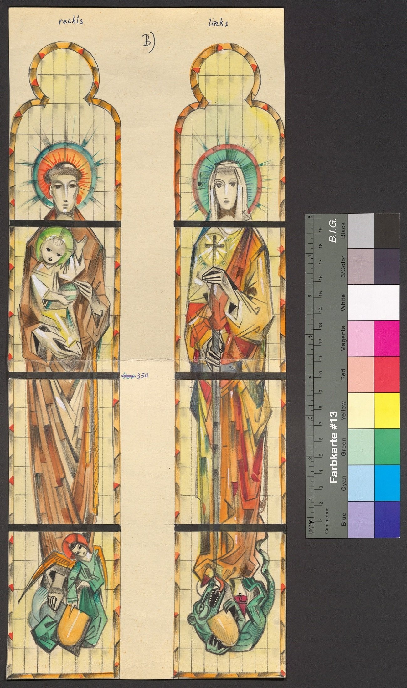 Entwürfe für zwei Kirchenfenster, links: Hl. Antonius von Padua; rechts: Hl. Margareta von Antiochien (Stift Heiligenkreuz CC BY-NC-ND)