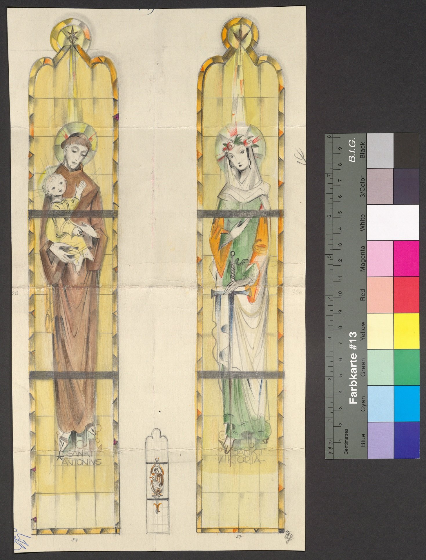 Entwürfe für zwei Kirchenfenster, Hl. Antonius von Padua/Hl. Victoria von Rom (Stift Heiligenkreuz CC BY-NC-ND)